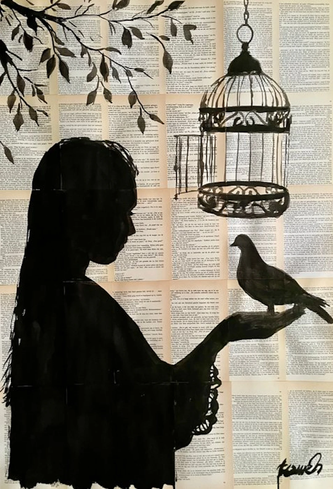 TOMEH 1988 - “Her Bird” – Original Painting – Ink drawing on Vintage