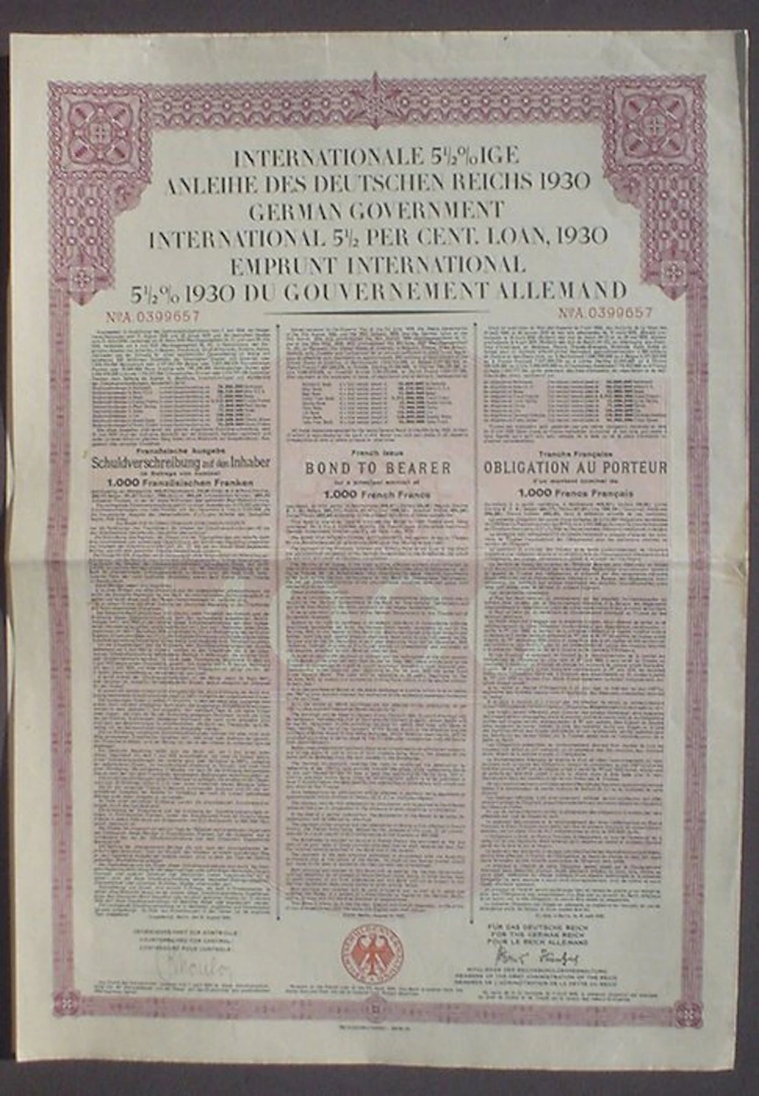 Germany. 1/2% German Government International Loan 1000 FF 1930