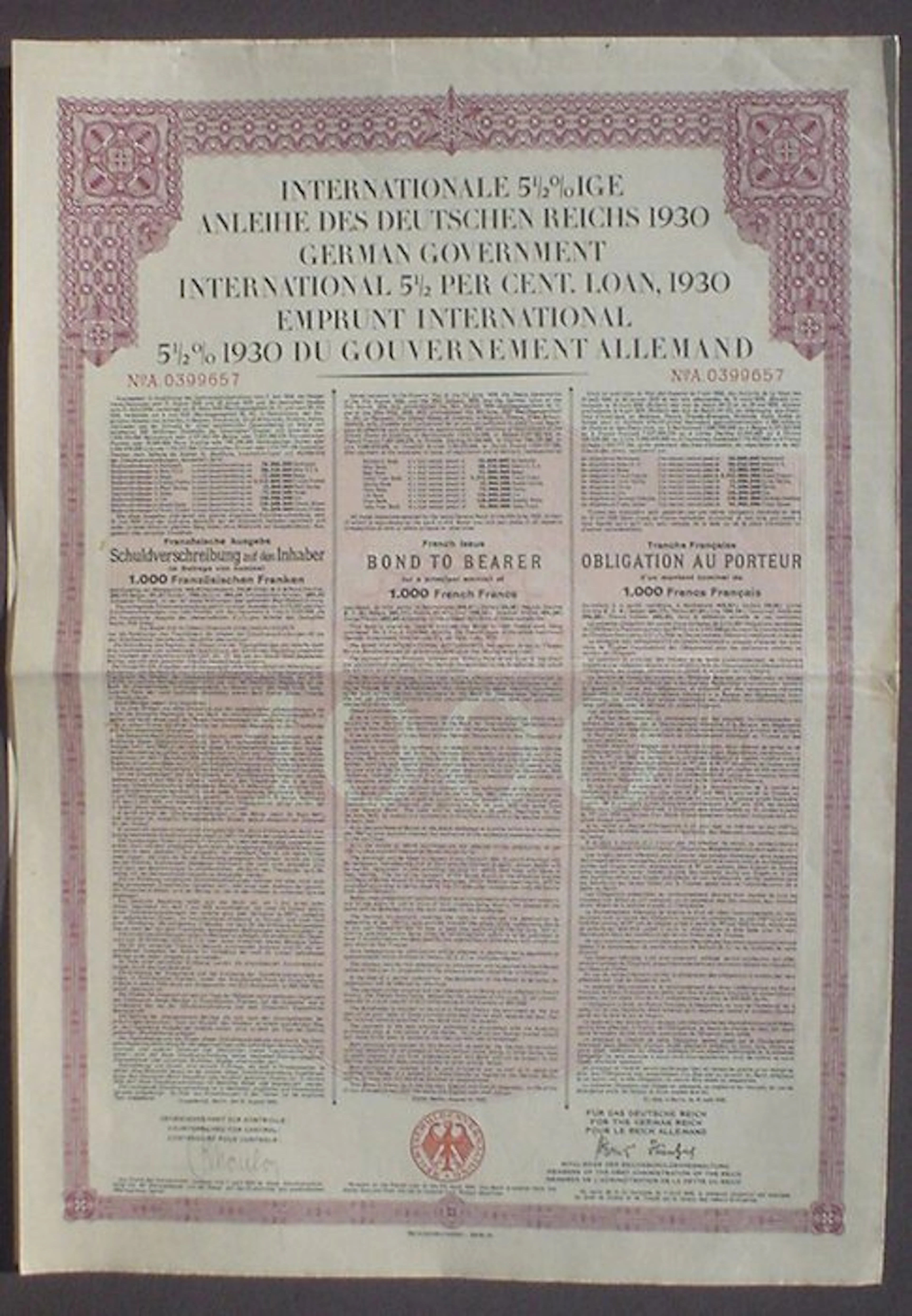 Germany. 1/2% German Government International Loan 1000 FF 1930