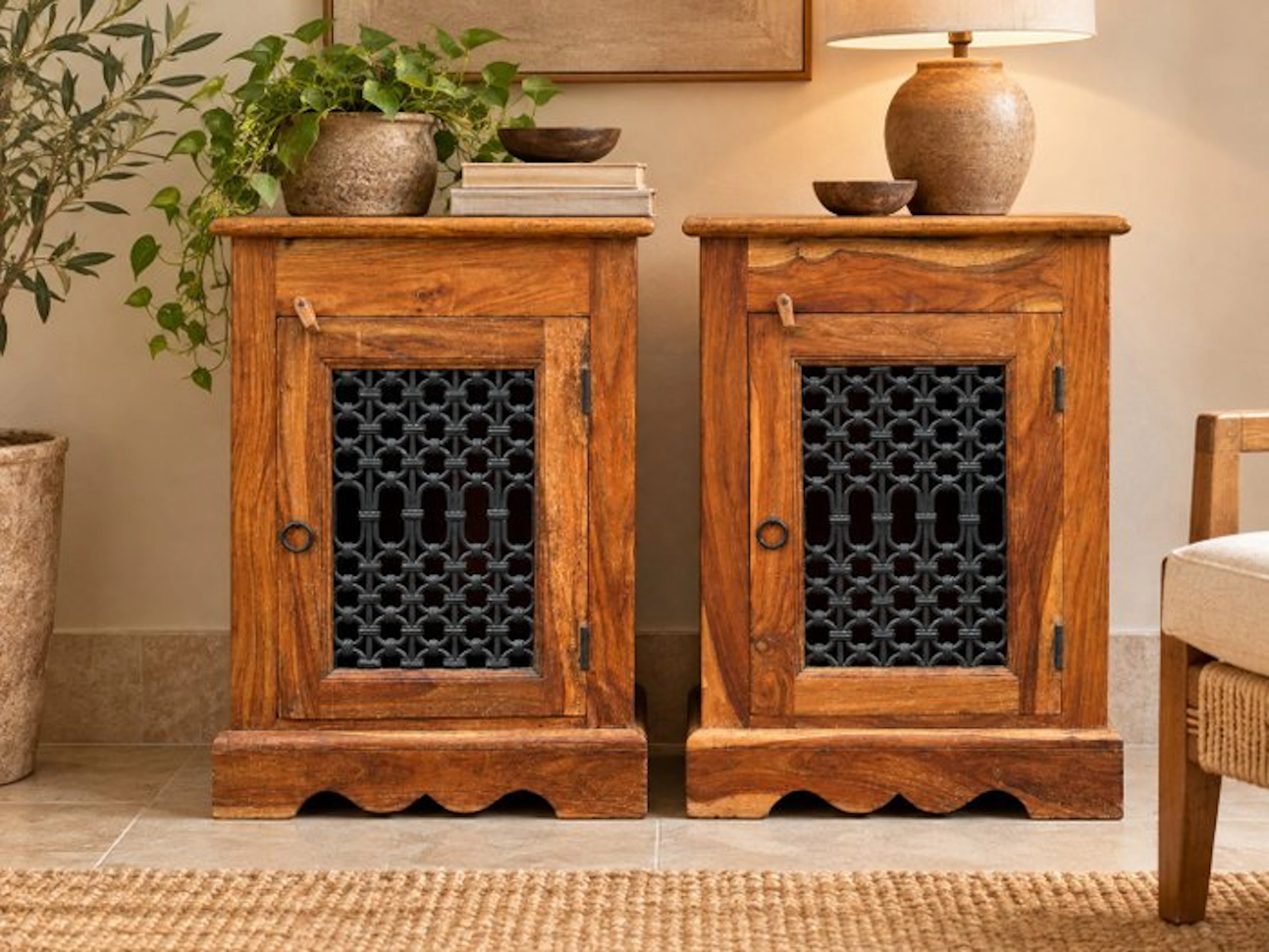 Wardrobe (2) - Hardwood, Wrought iron - Vintage wooden wardrobes