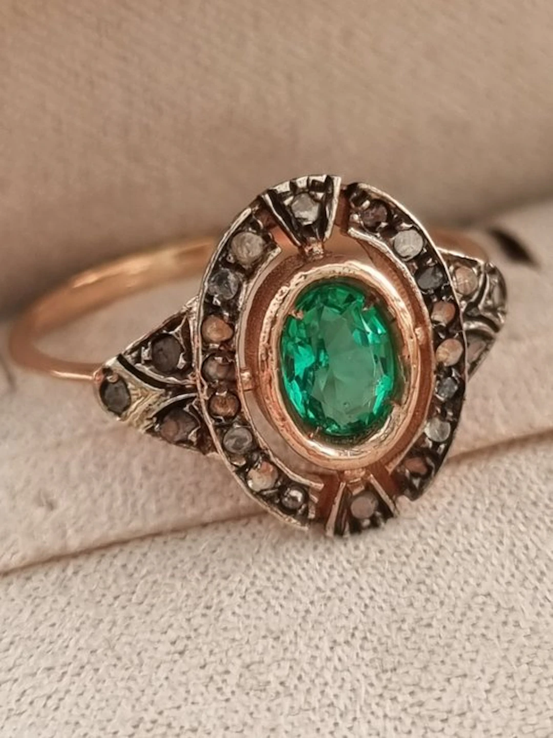 No reserve price - Ring - 9 kt. Silver, Rose gold Emerald - Diamond
