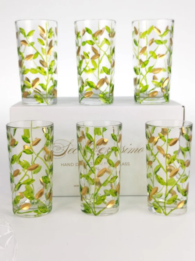 Secoloventesimo - Drinking service (6) - Leaves green golden glass - Enamel