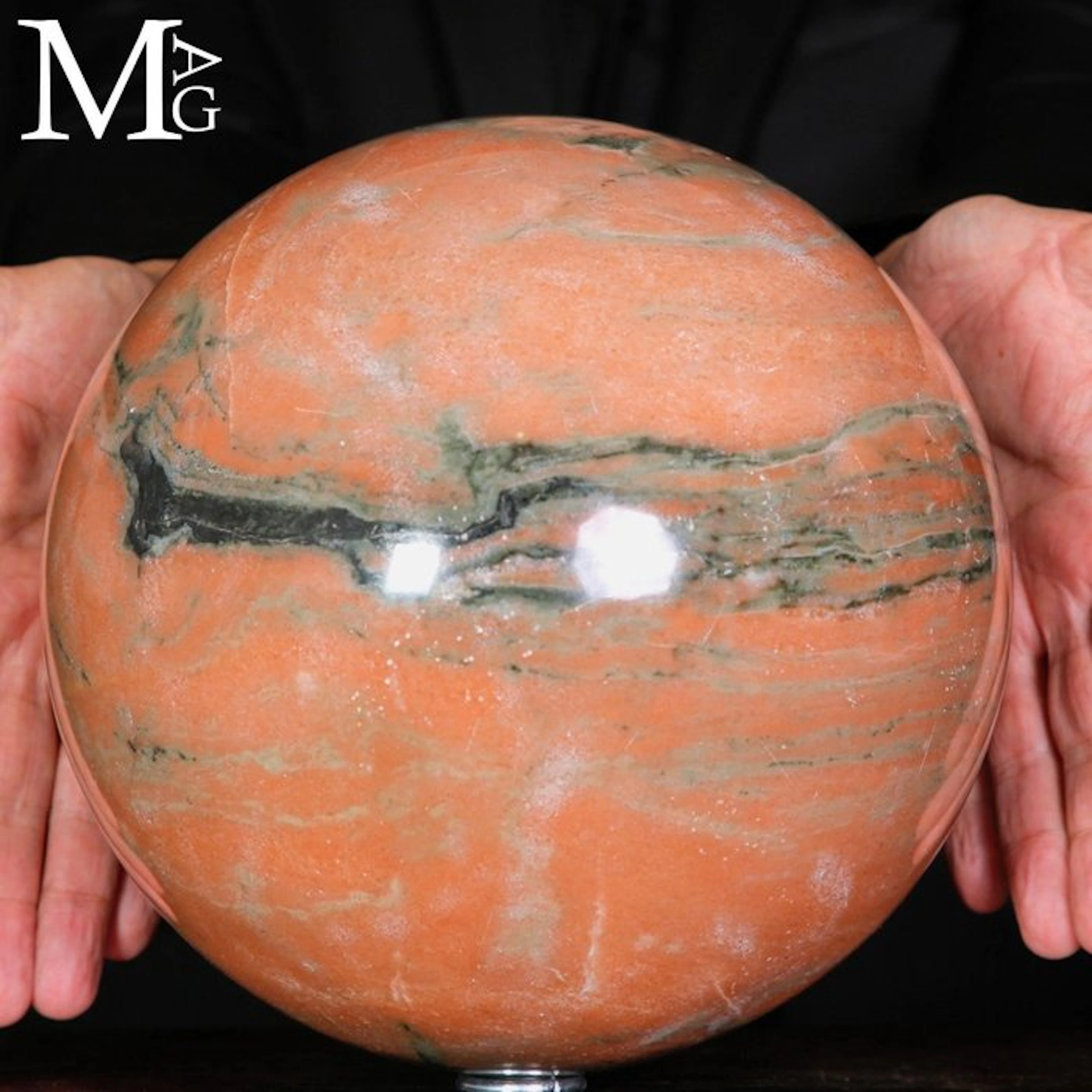 Massive Peach Feldspar Sphere with Dramatic Dark Green...