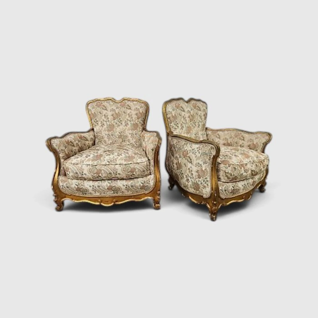 Armchair (2) - Bergère armchairs in carved gold-lacquered wood. - Textile, Wood