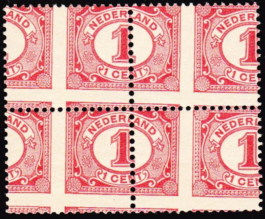 Netherlands 1899 - 1-cent red in a block of 4 with huge misstriking