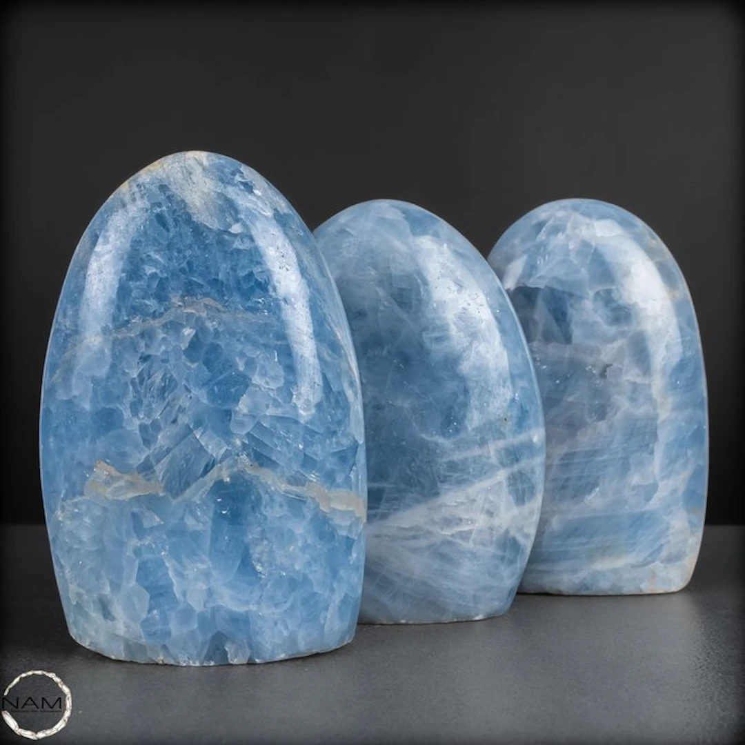 Blue Calcite freeform shapes – Calming trio in gentle...