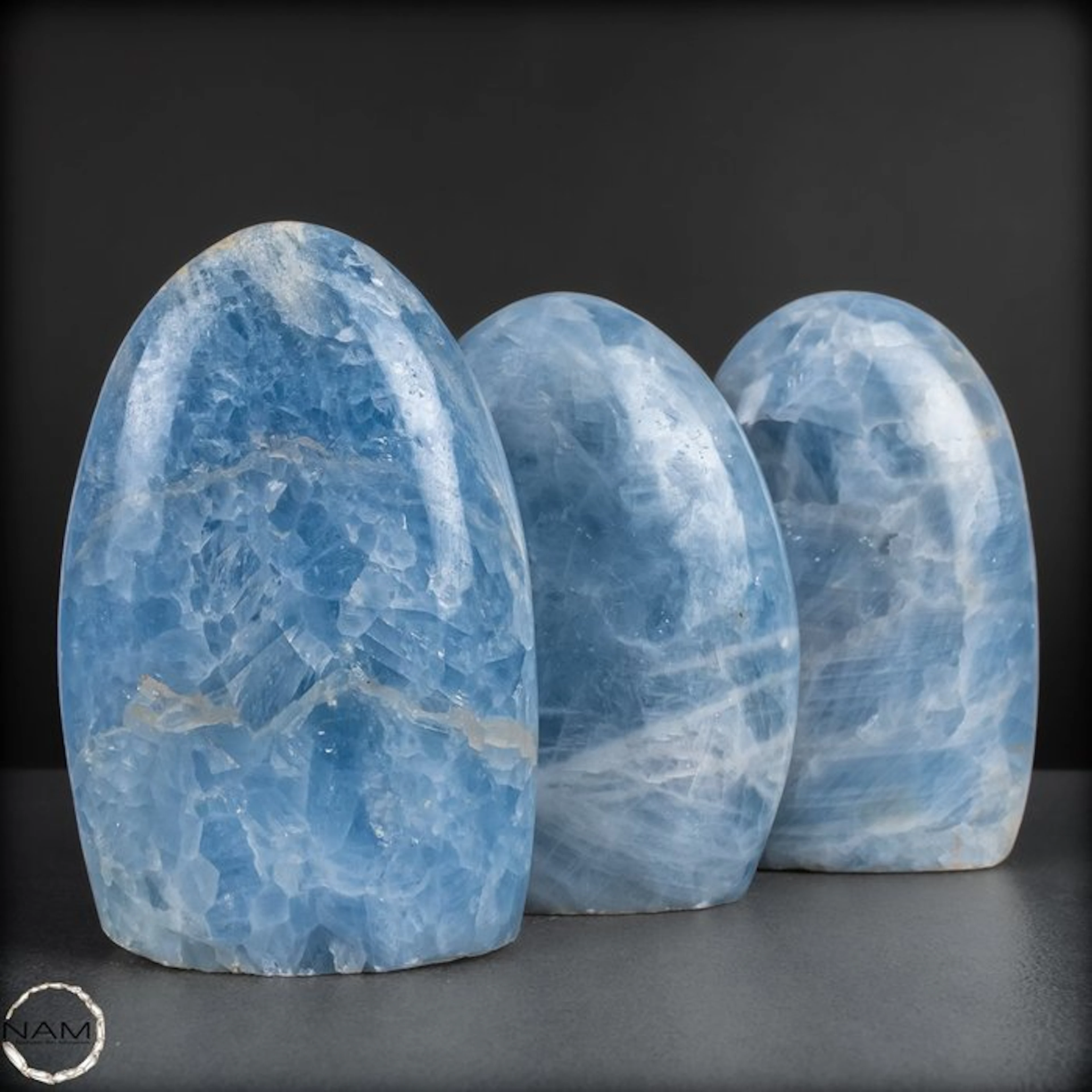 Blue Calcite freeform shapes – Calming trio in gentle...