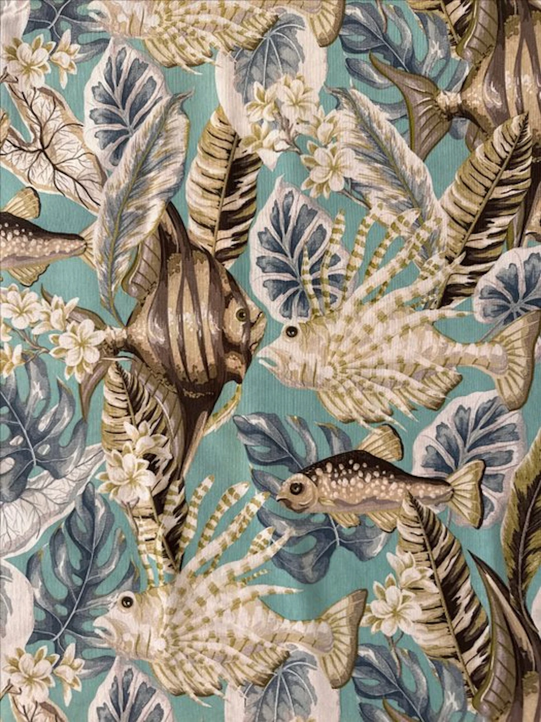 Aquamarine fabric with a Mediterranean-inspired design...