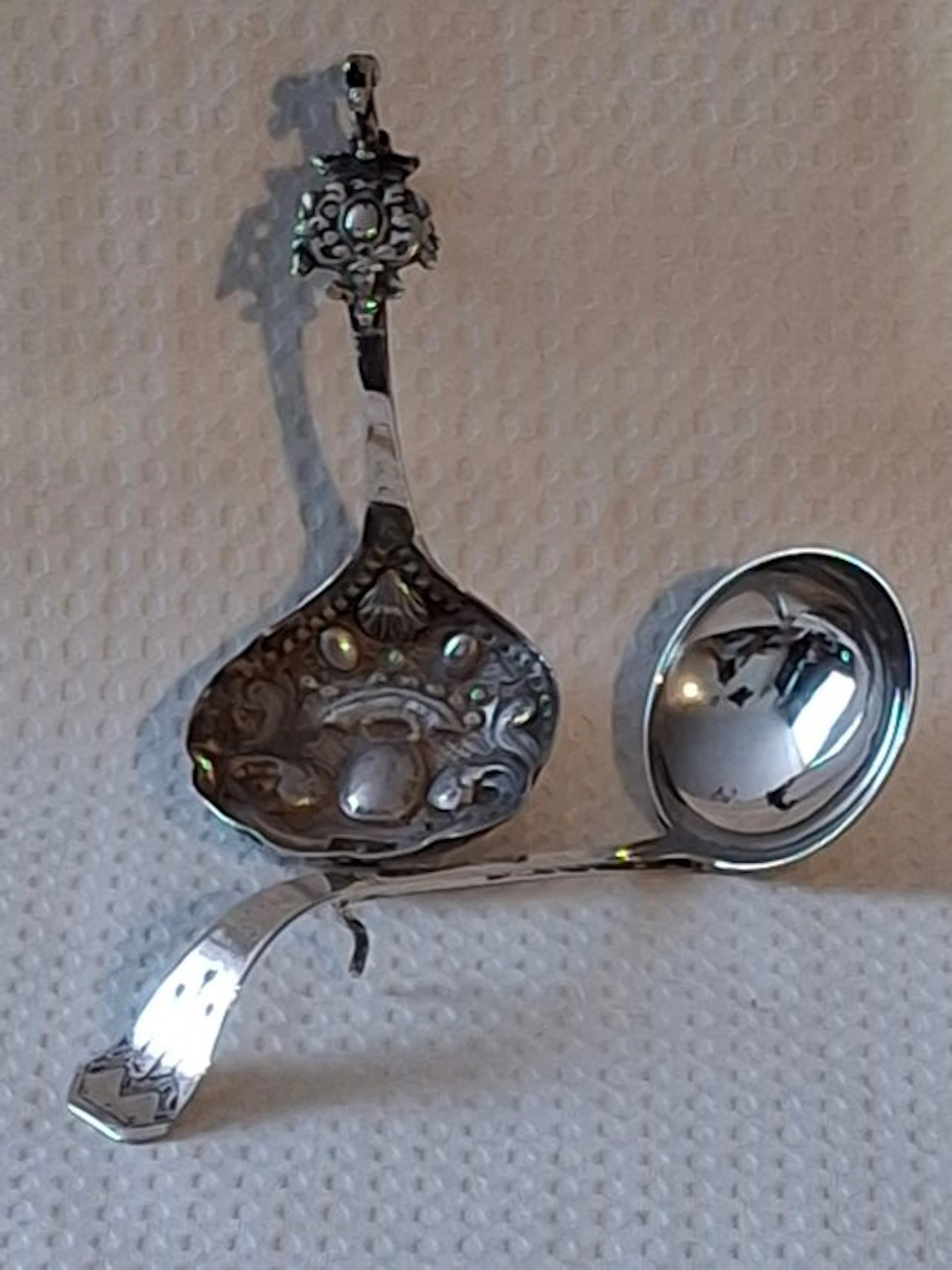 Cream ladle (2) - Two antique and decorative Dutch silver cream spoons / scoops