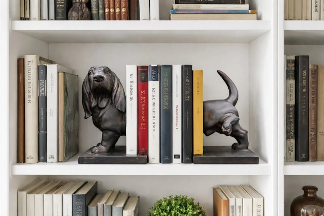 Statue, Boekensteun van een teckel wie zijn poot optilt - 25 cm - resin