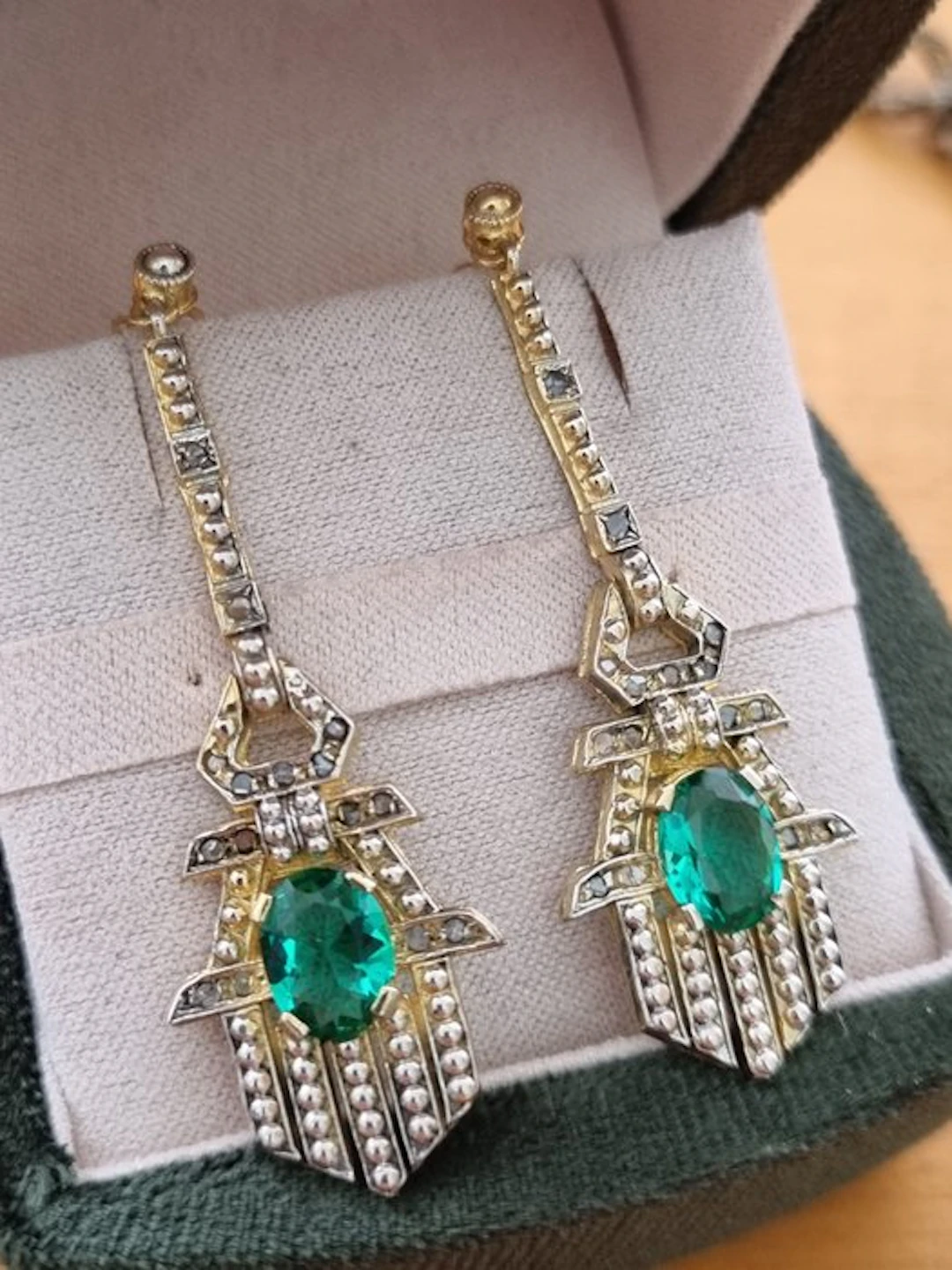 No reserve price - Earrings - 9 kt. Silver, Yellow gold Emerald - Diamond