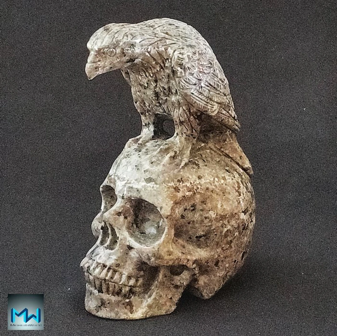 Raven sculpture on a skull