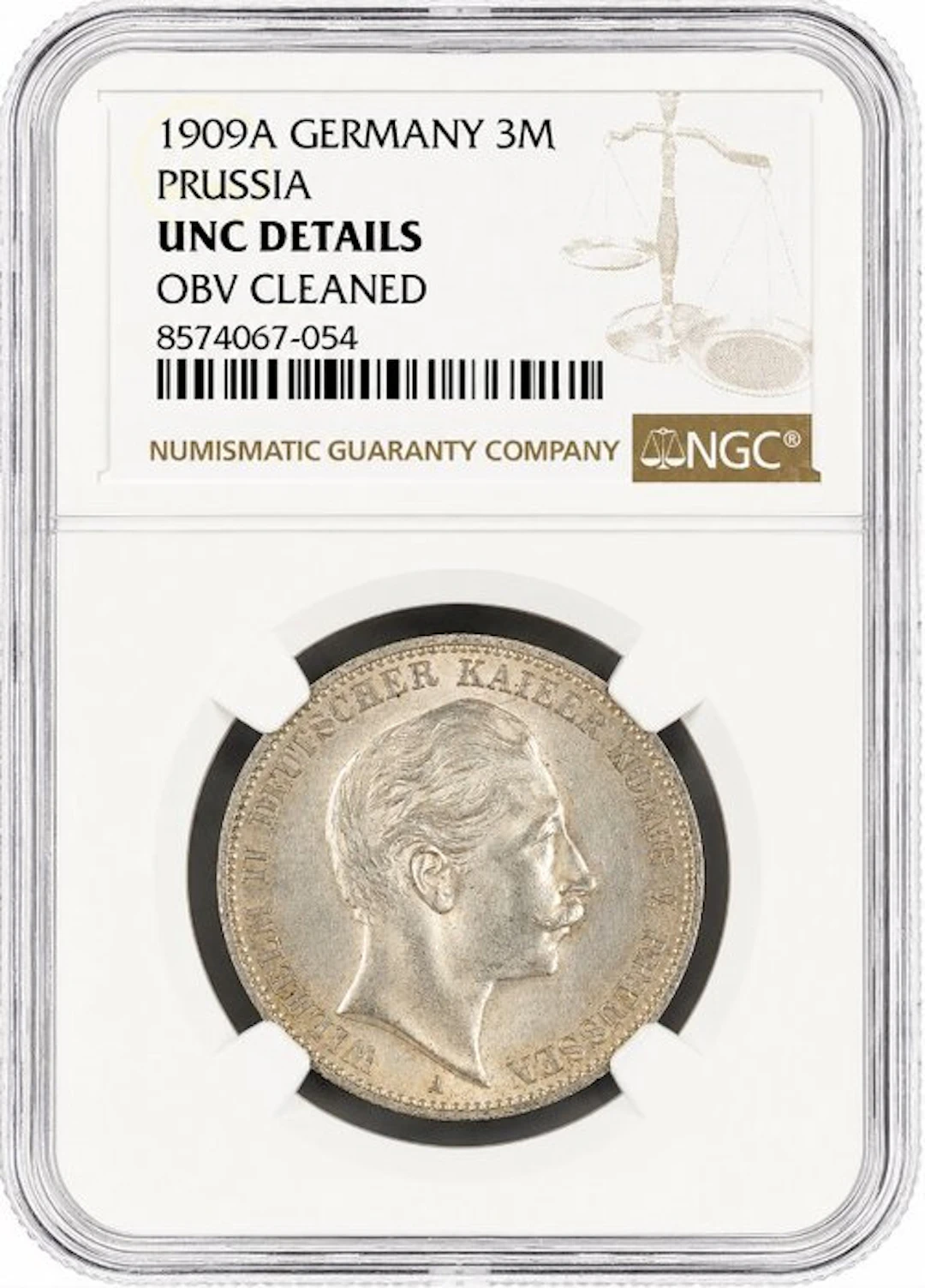 Germany, Prussia Willem II. 3 Mark 1909 - NGC UNC