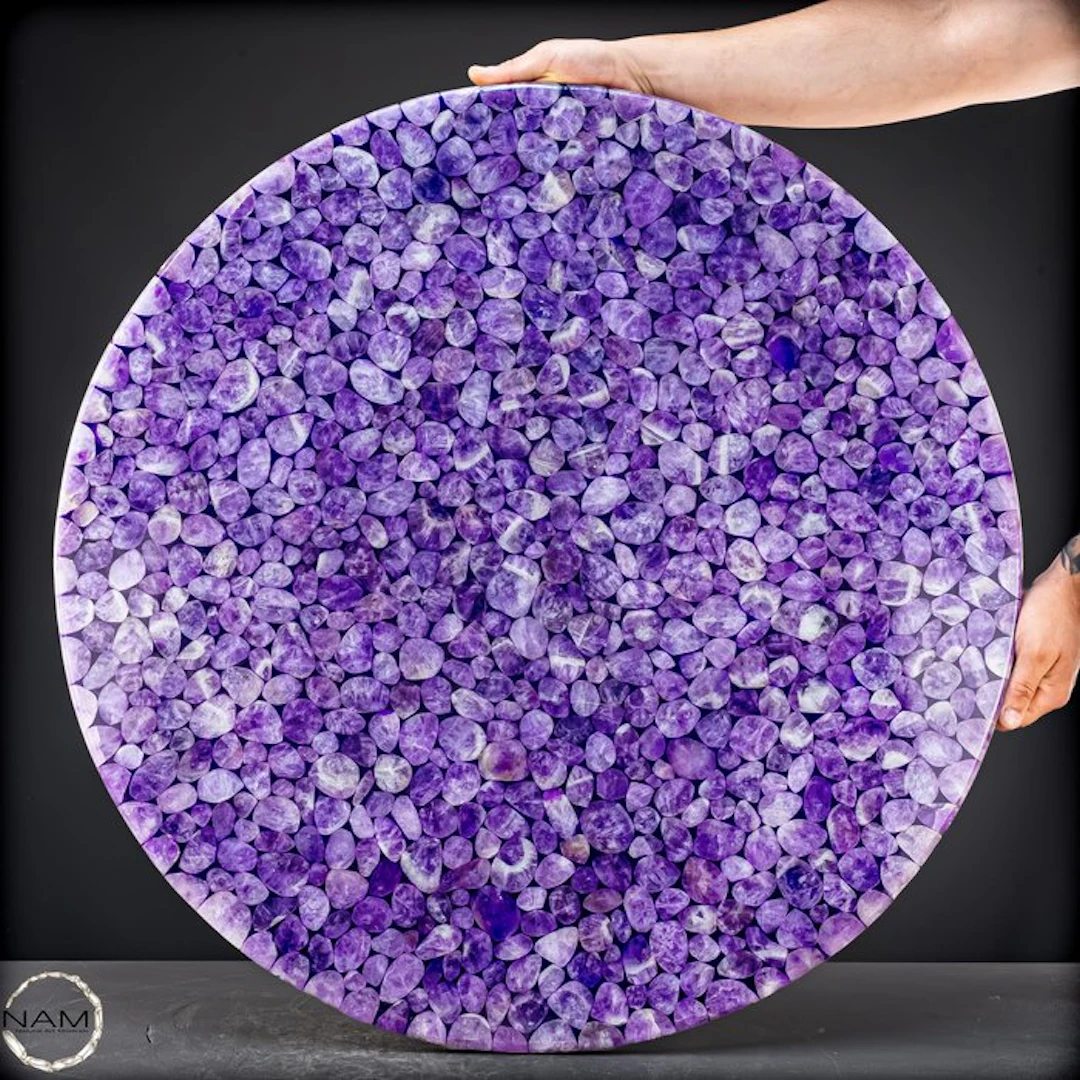 Exclusive amethyst tabletop made from many natural amethyst pieces