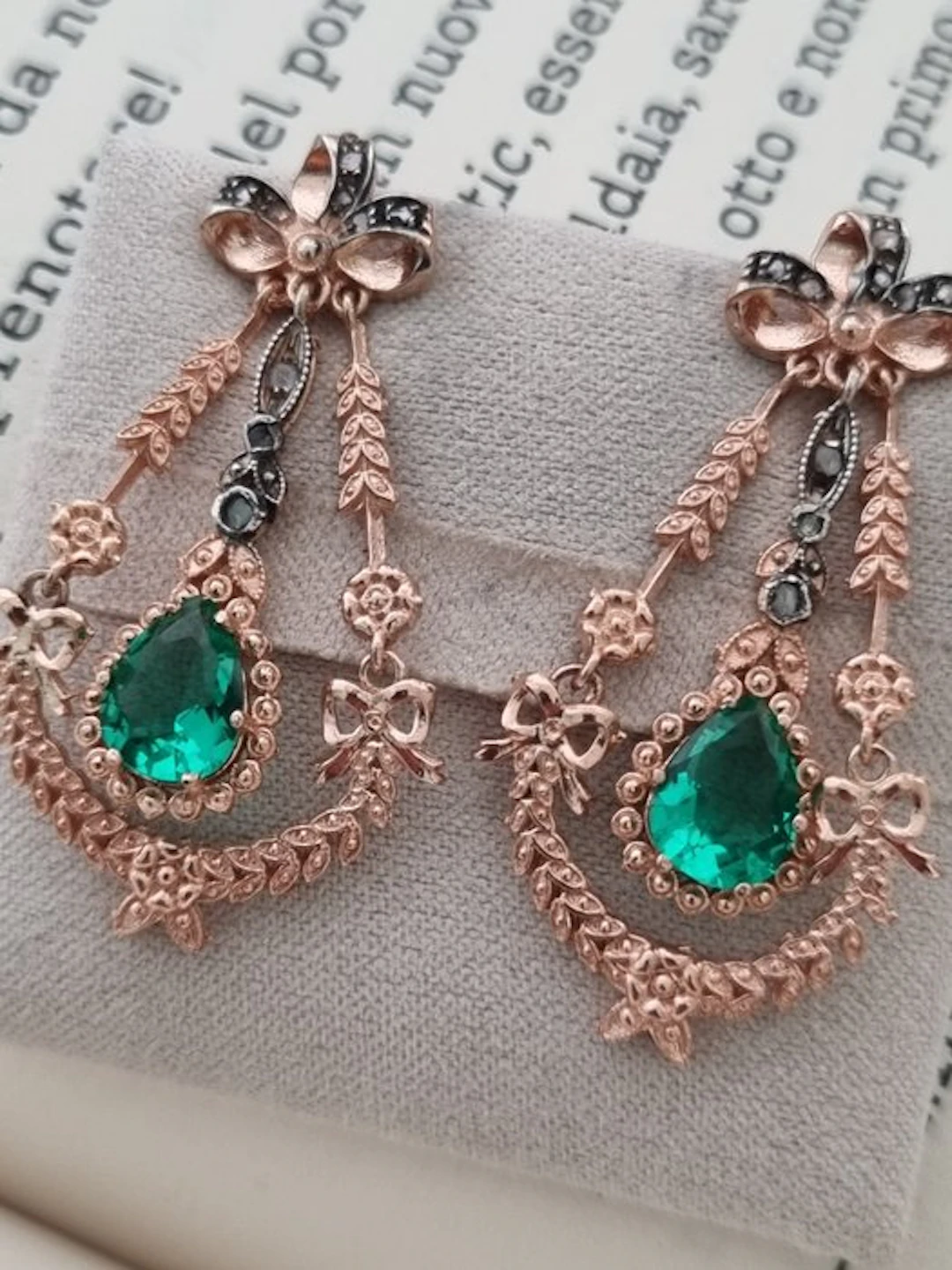 No reserve price - Earrings - 9 kt. Silver, Rose gold Emerald - Diamond