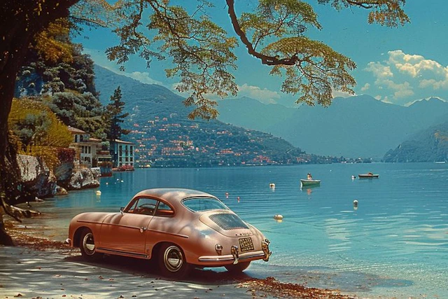 CREATIVE_HUB - PANORAMIC VINTAGE PORSCHE ON A COMO LAKE RIVE XXL 40 x 120 cm
