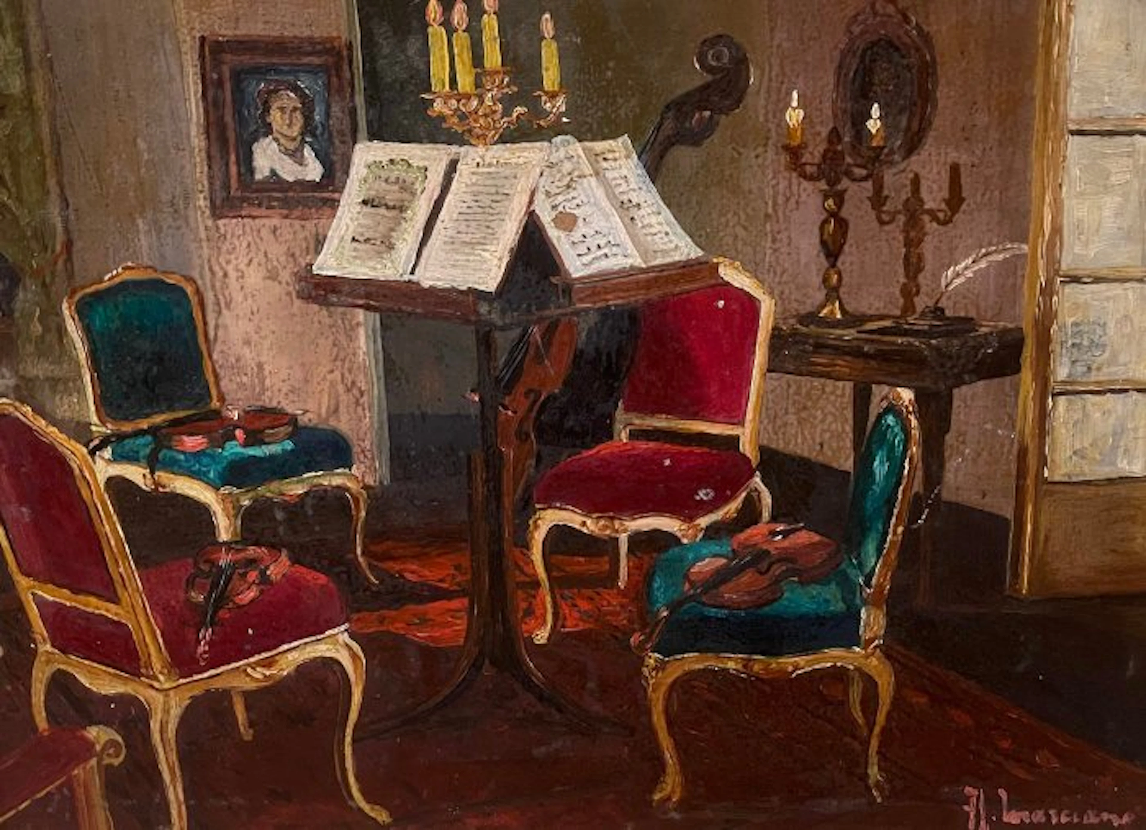 Italian school (XX) - Dipinto a olio di una scena musicale