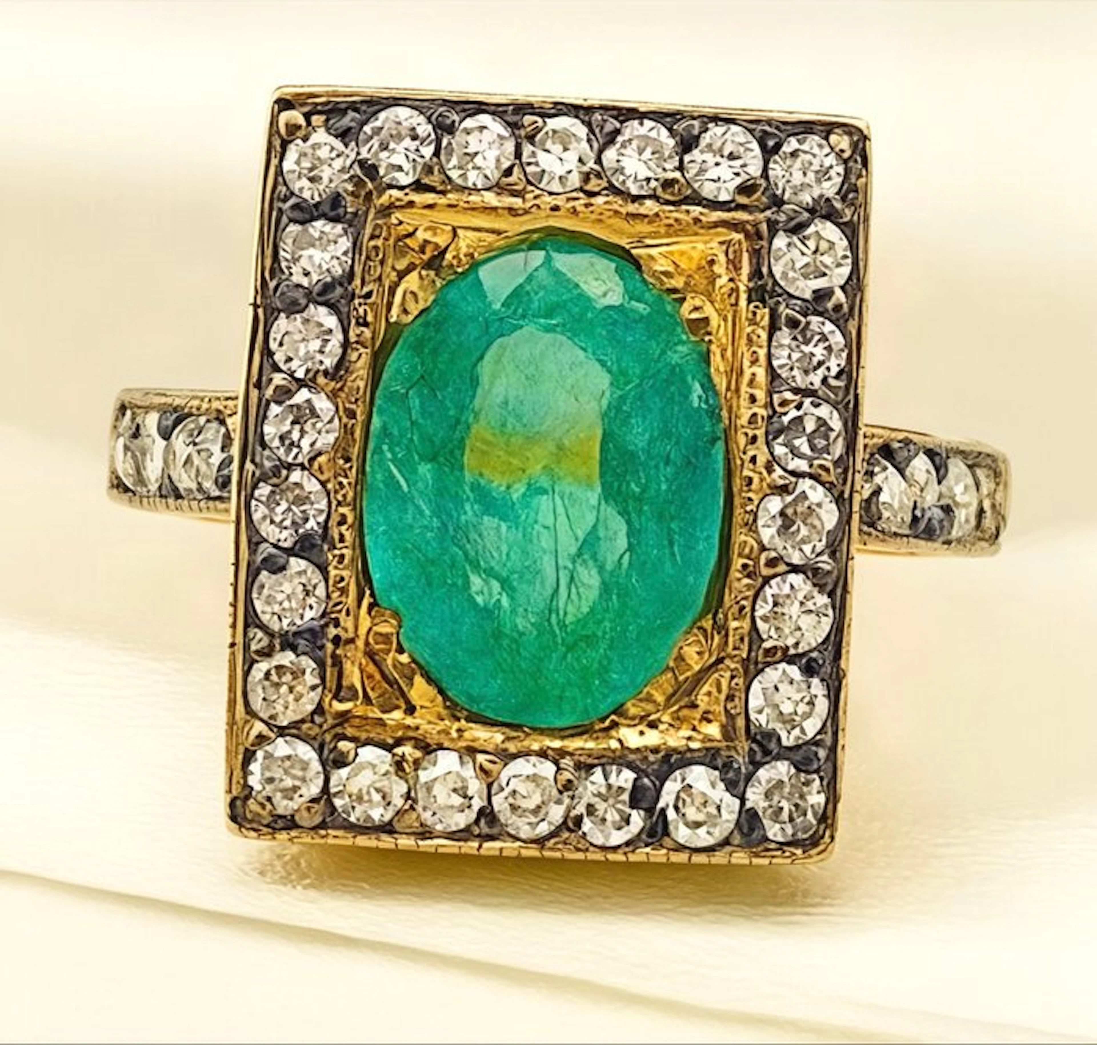 No reserve price - Ring - 9 kt. Yellow gold, Silver Emerald - Diamond