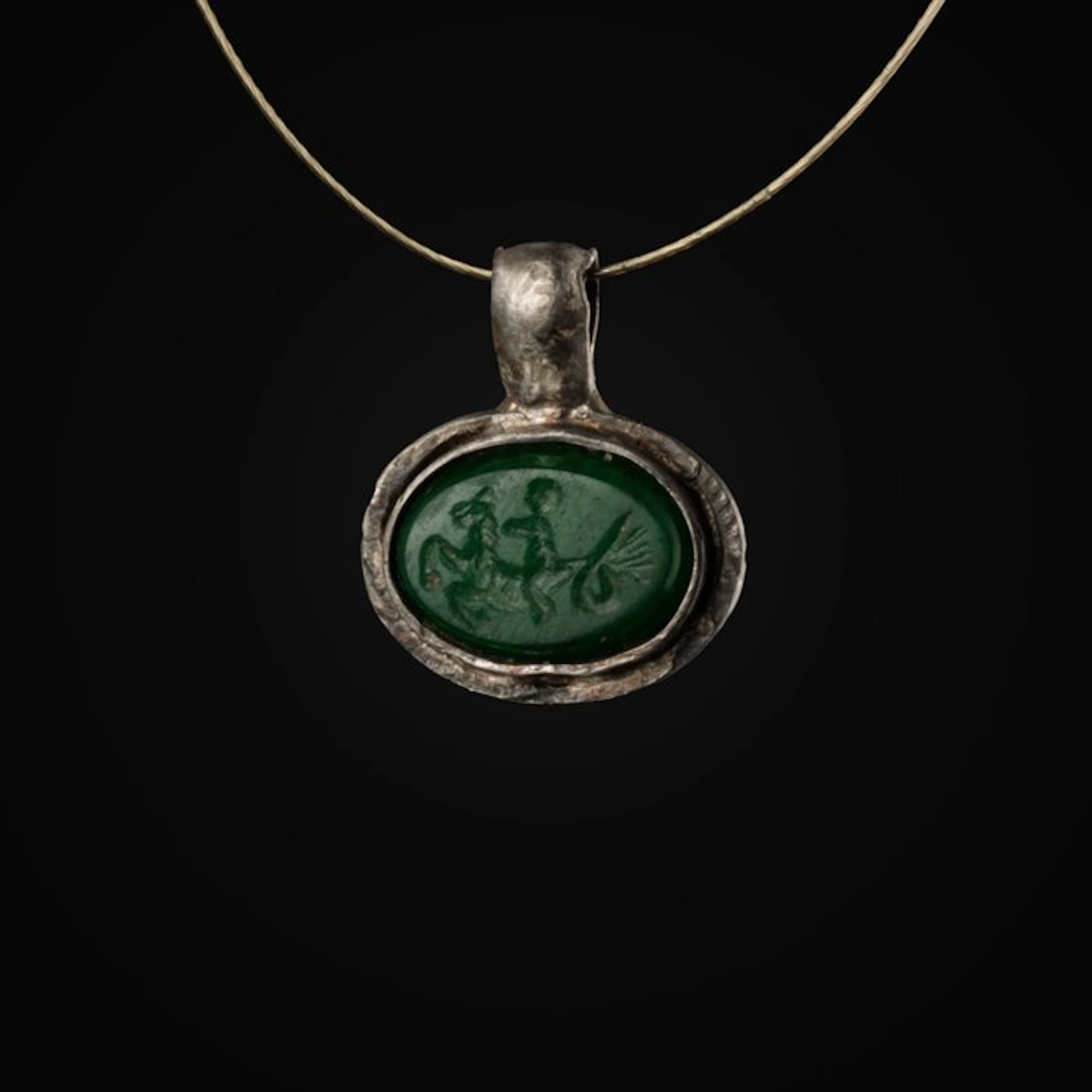 Ancient Roman Silver Pendant, Eros Riding a Hippocampus Intaglio