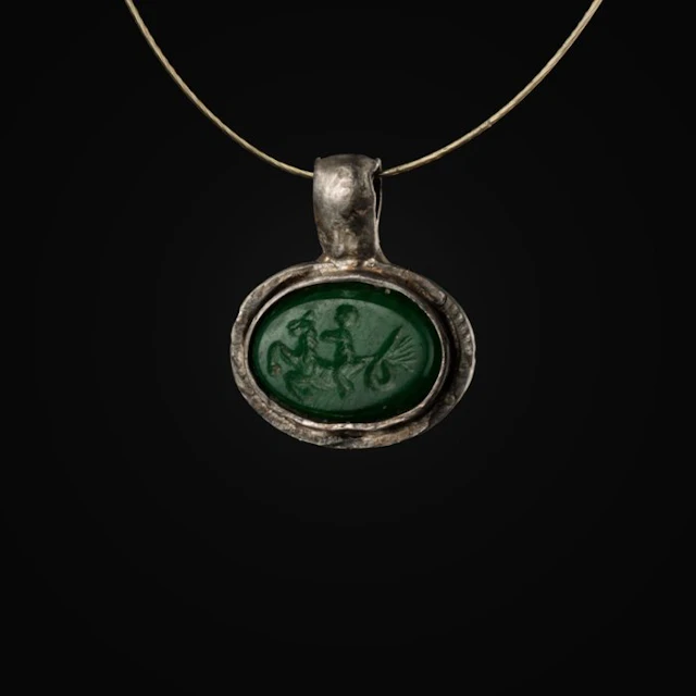 Ancient Roman Silver Pendant, Eros Riding a Hippocampus Intaglio