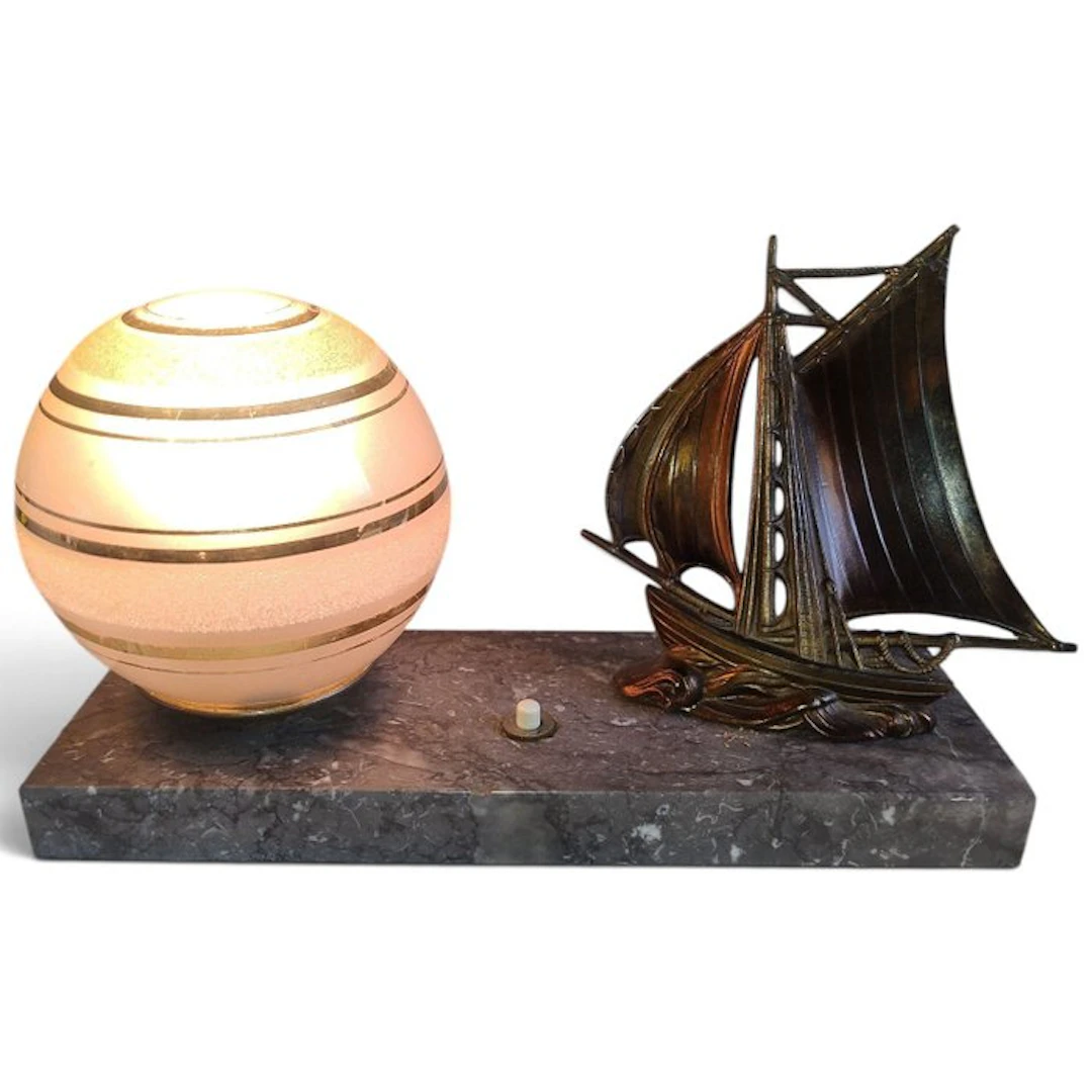 Table lamp - Marble, Glass, Metal - Vintage marble lamp