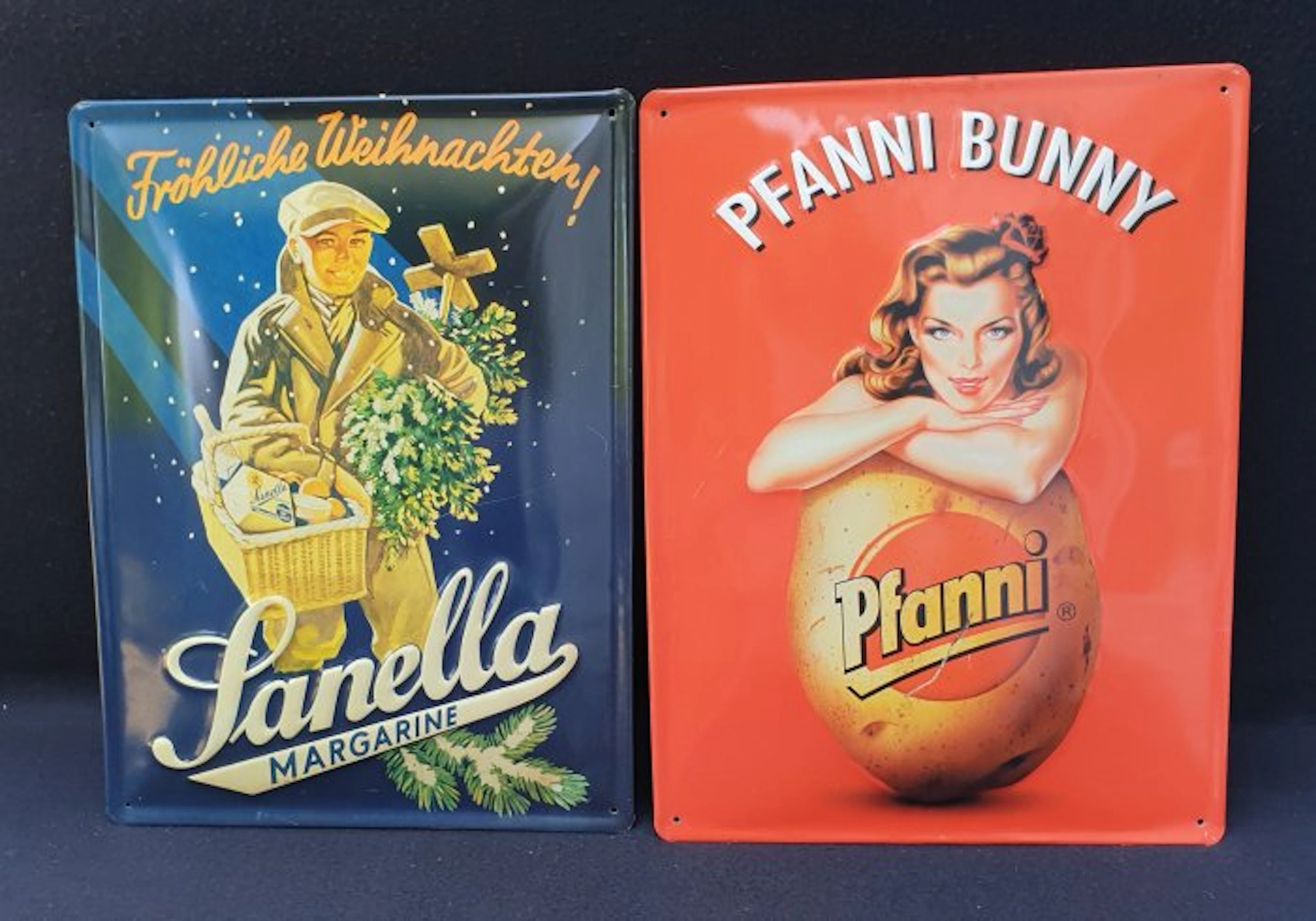 Enamel sign (2) - Two old, large tin advertising signs SANELLA and PFANNI