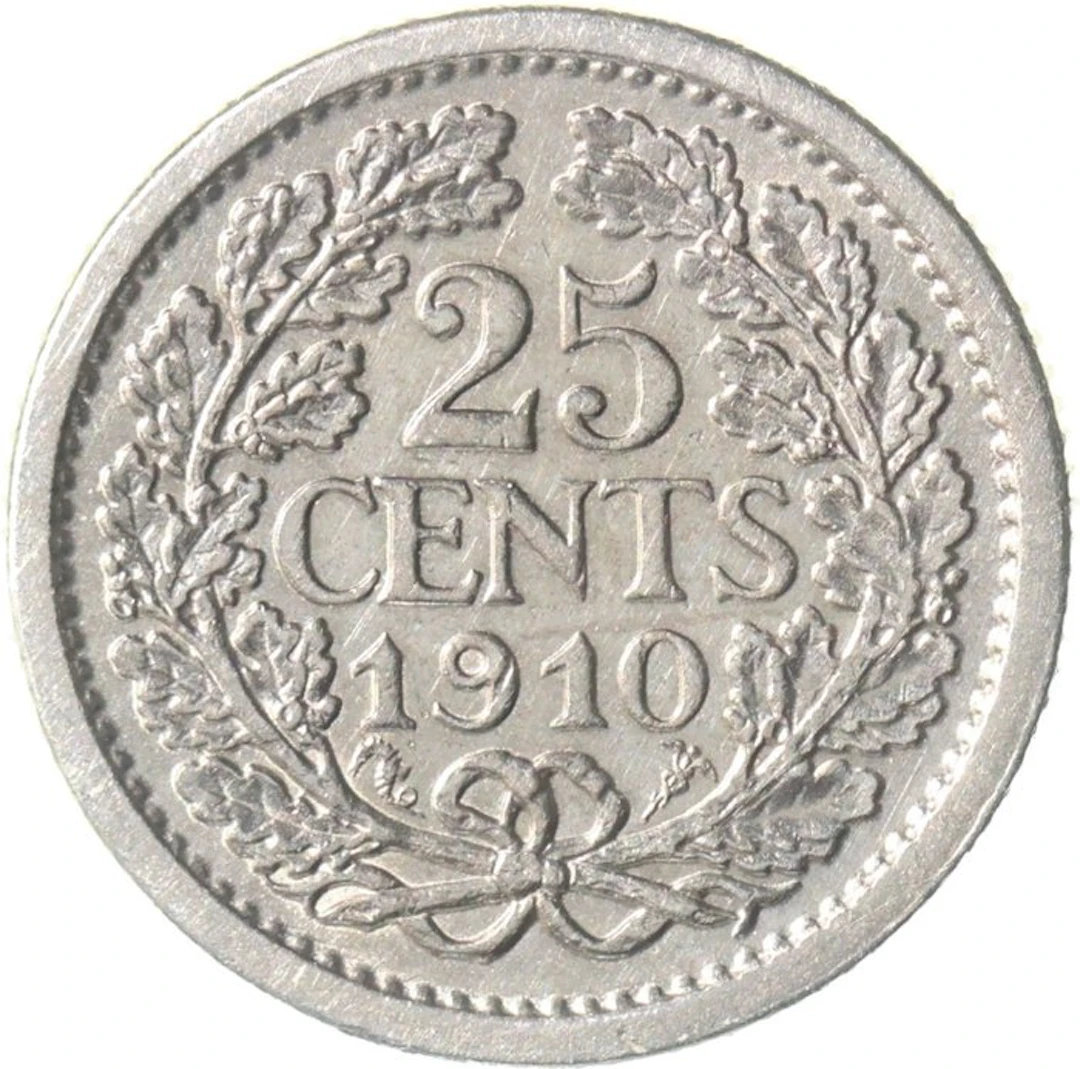 Netherlands. Wilhelmina. 25 Cent 1910 ZELDZAAM