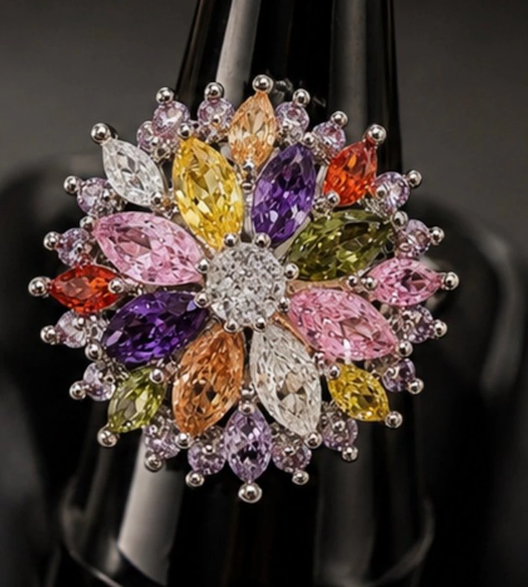 925 Sterling Silver Multicolor Floral Statement Ring - Ring