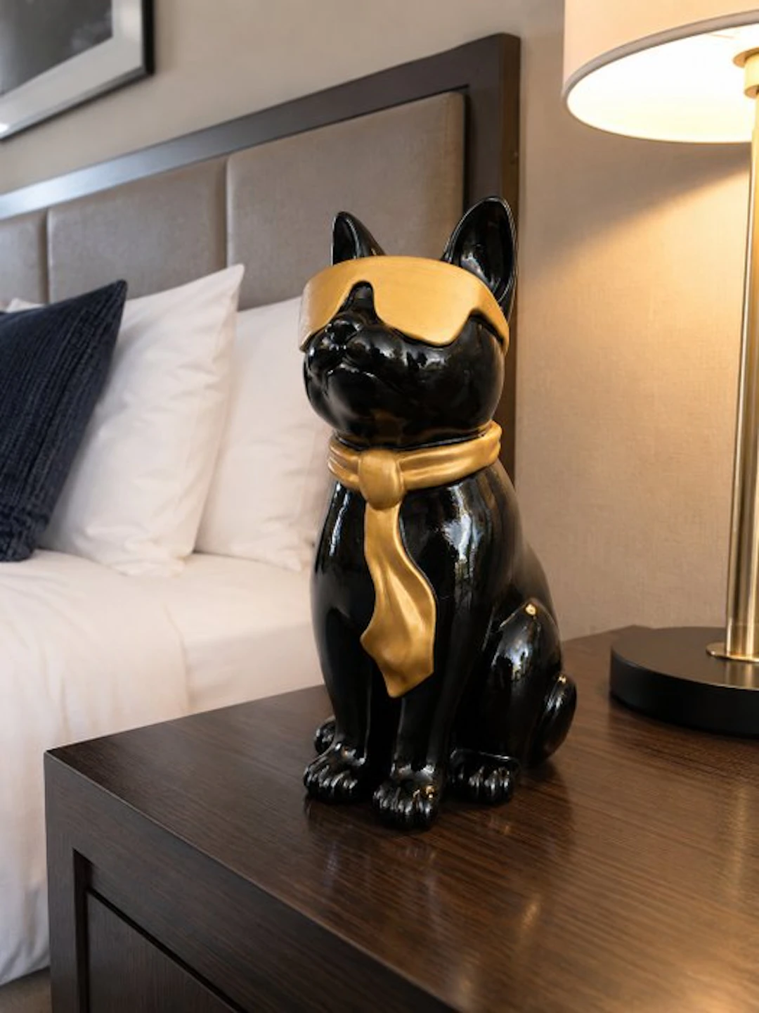 Statue, black cat with tie and sunglasses - 29 cm - polyresin