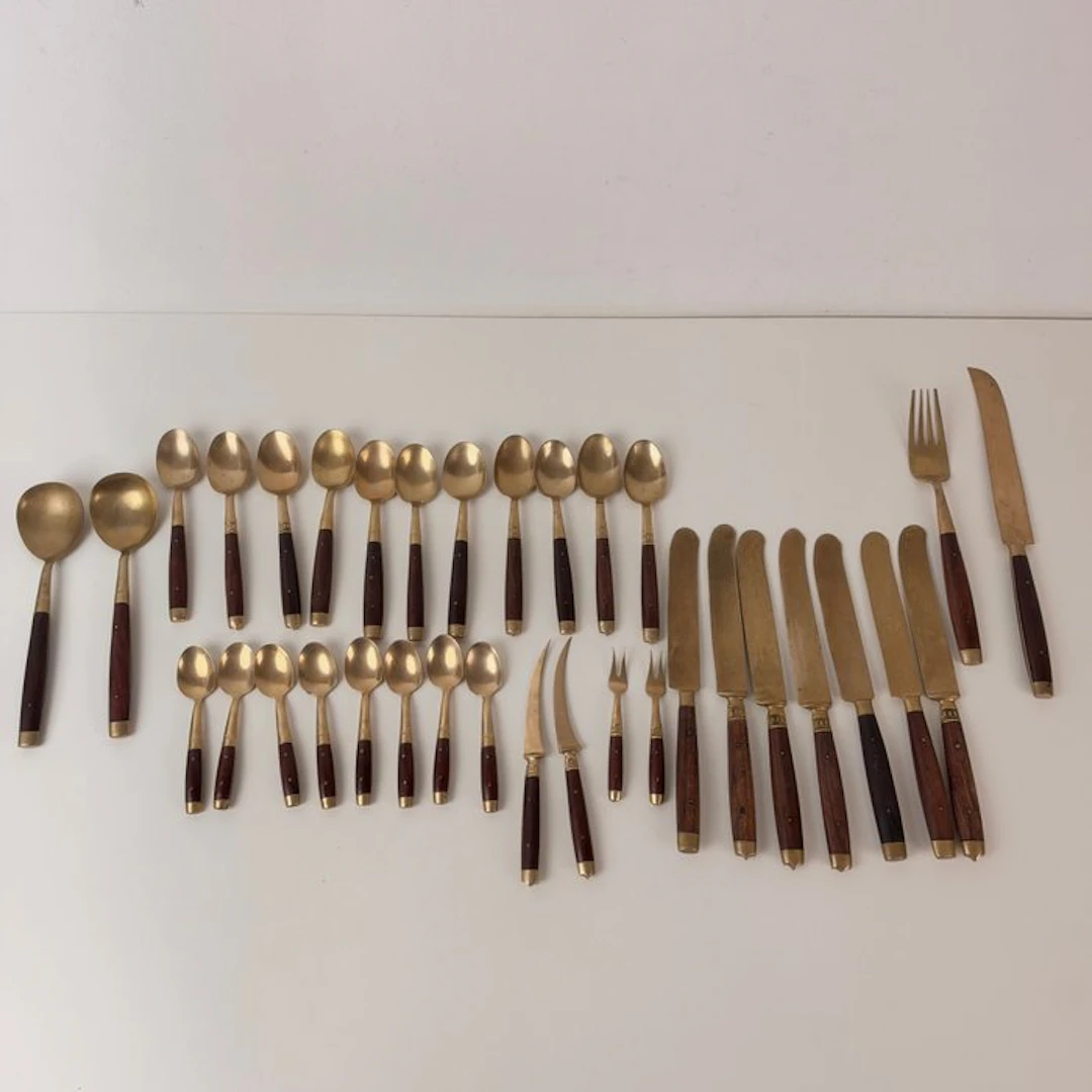 Cutlery set (30) - Mid-Century Scandinavian cutlery set - Wood, Brass