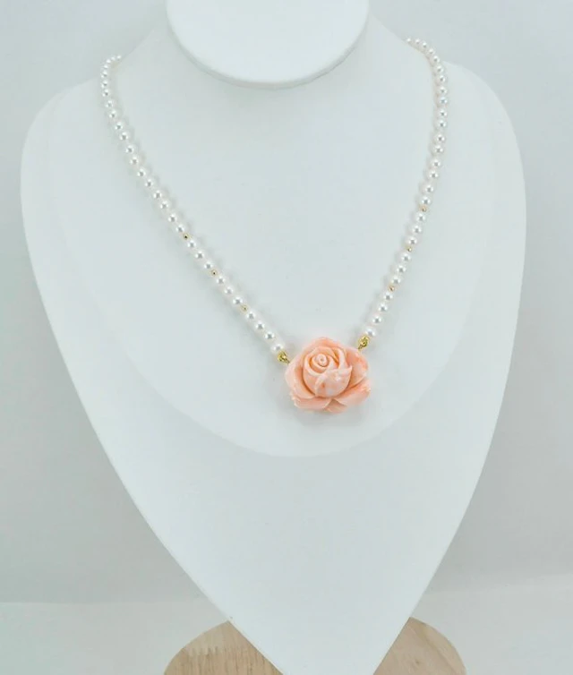 Coral - Silver, Gold-plated - Necklace - Pink Coral and Pearls