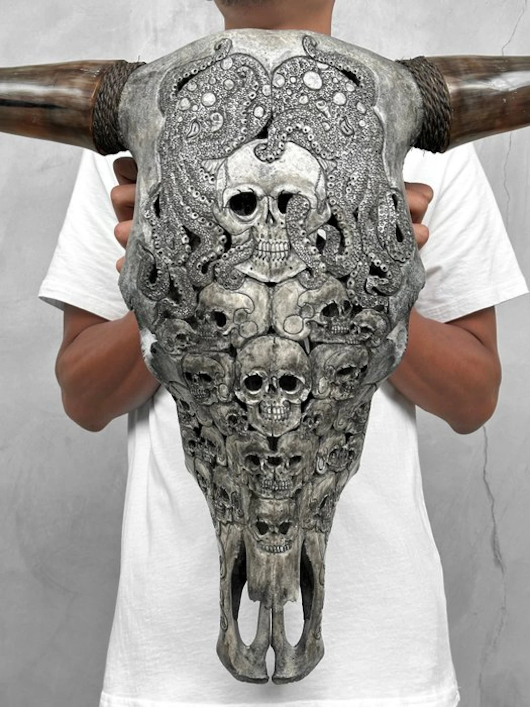 NO RESERVE PRICE - C - Authentic Large Grey Carved Bull...