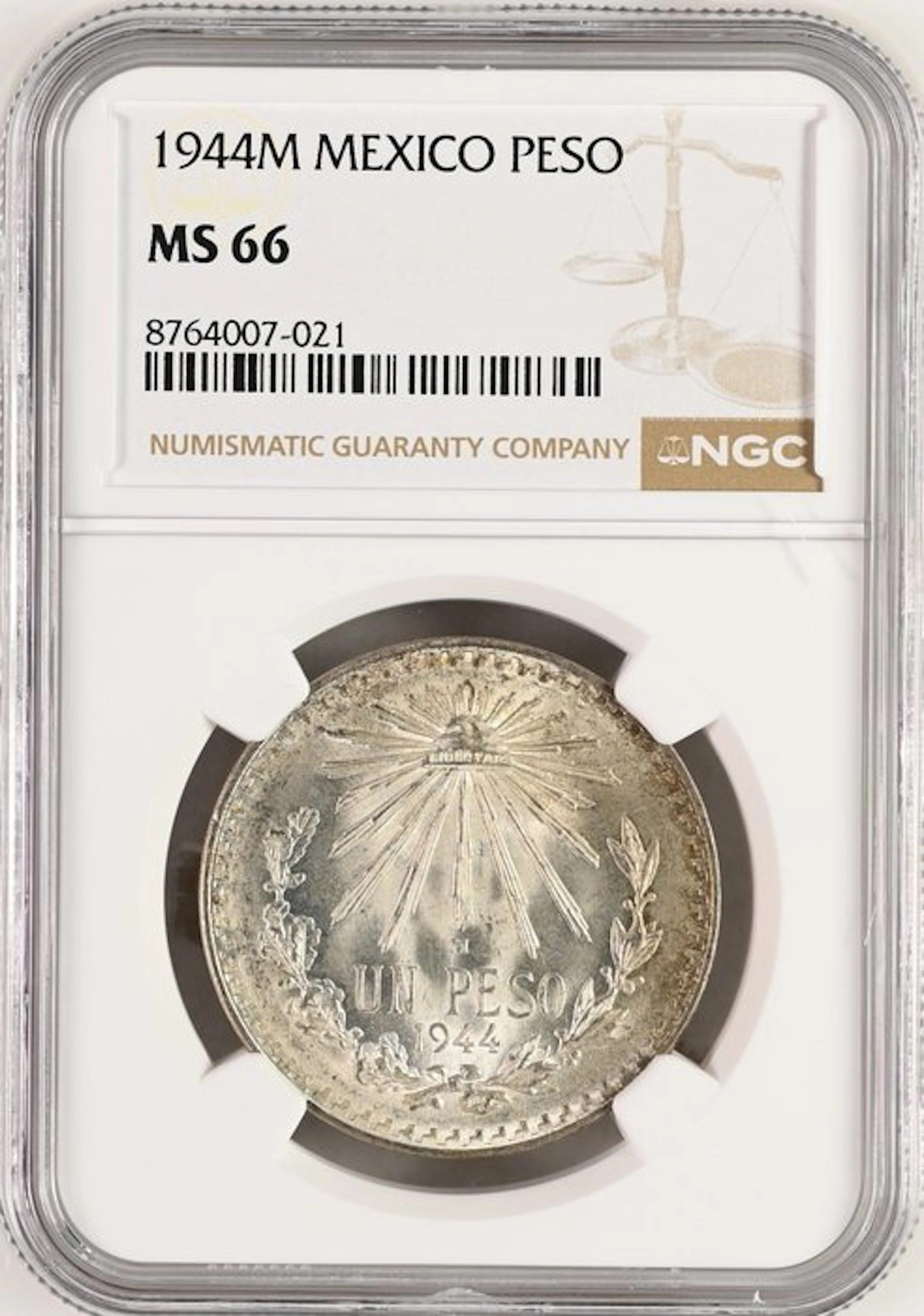 Mexico. 1 Peso 1944 Mexico City NGC MS66 (No reserve price)