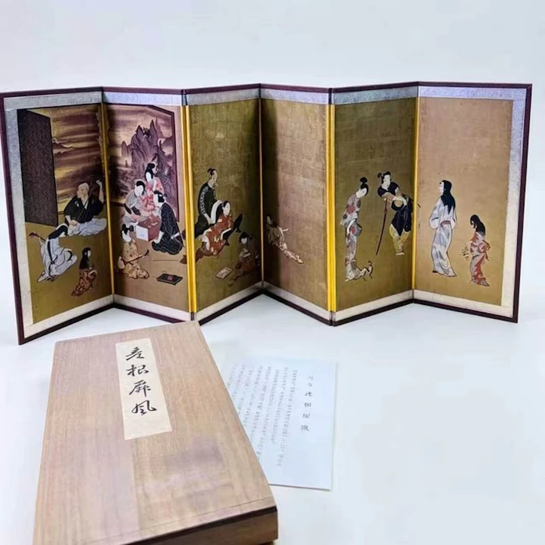 Vintage Japanese Hikone miniature 6-panel folding screen