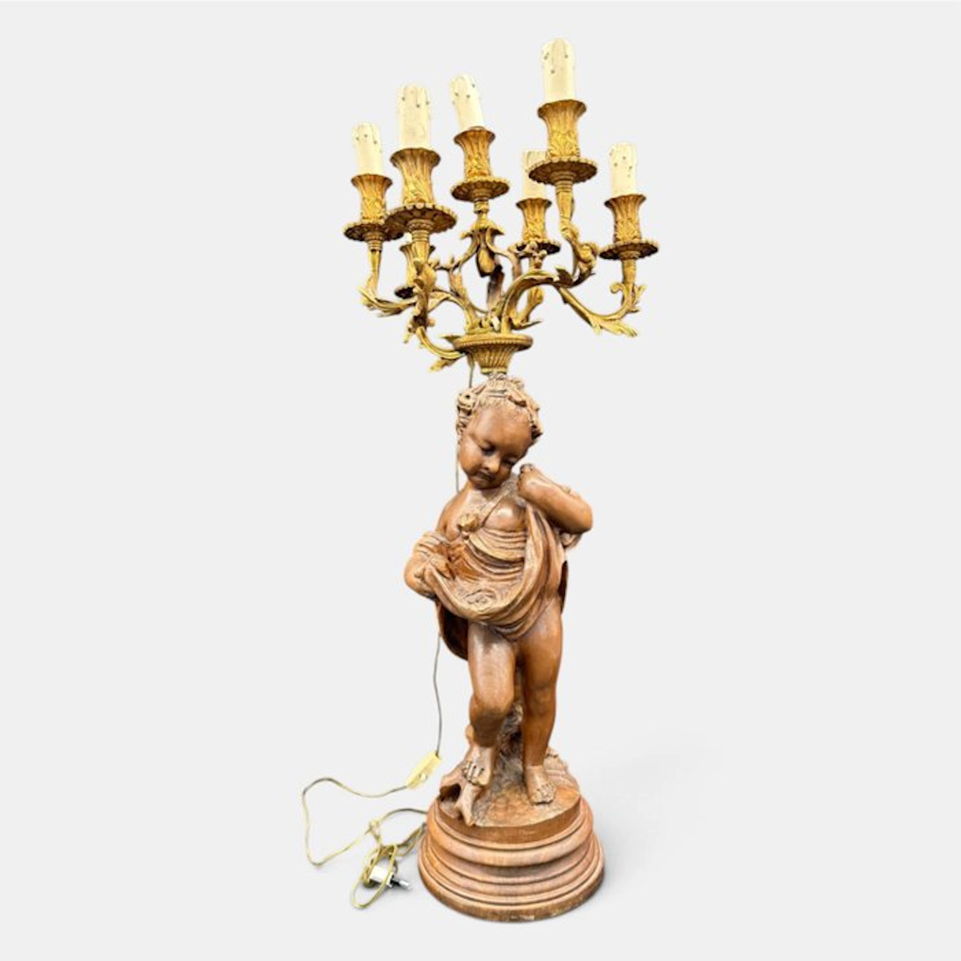 Sculpture, Putto dama con candelabro statua scultura lampada - 77 cm - Wood
