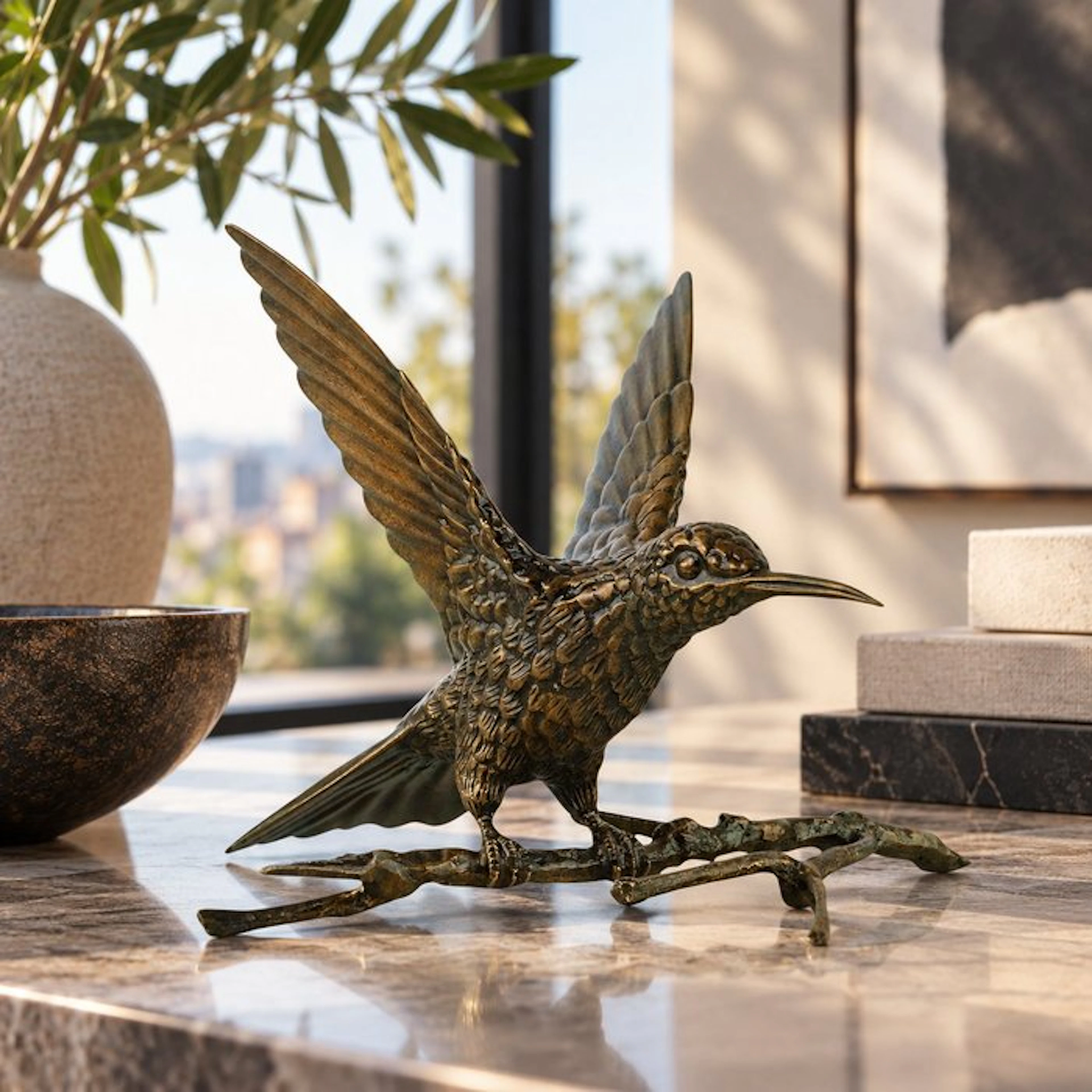 Sculpture, Spiderhunter on Branch - 27 cm - 20 cm - Bronze