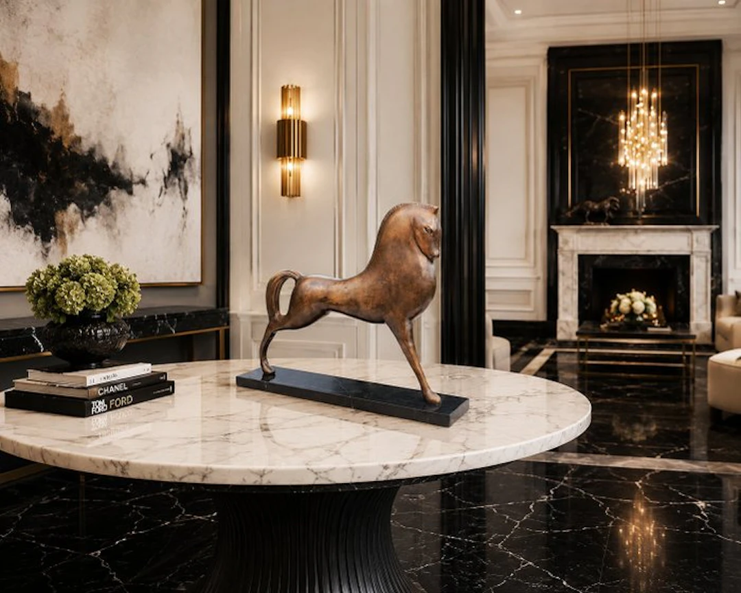 Sculpture, Tijdloos brons paardenbeeld op marmer sokkel - 38 cm - Bronze