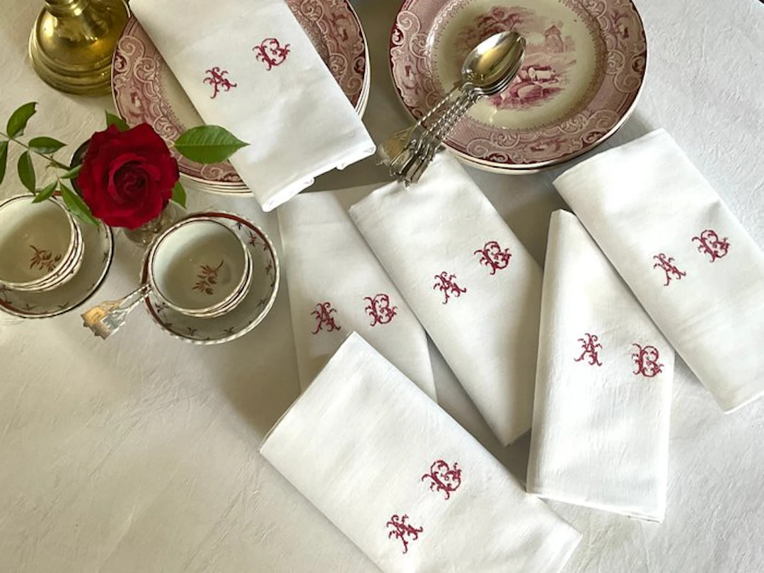 6 Mid XXth Century cotton napkins with A.B. initials. - Napkin - 65 cm - 75 cm