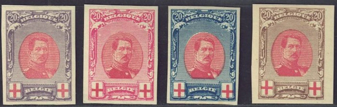Belgium 1915 - Four samples of type 132; the blue one has a minuscule dilution