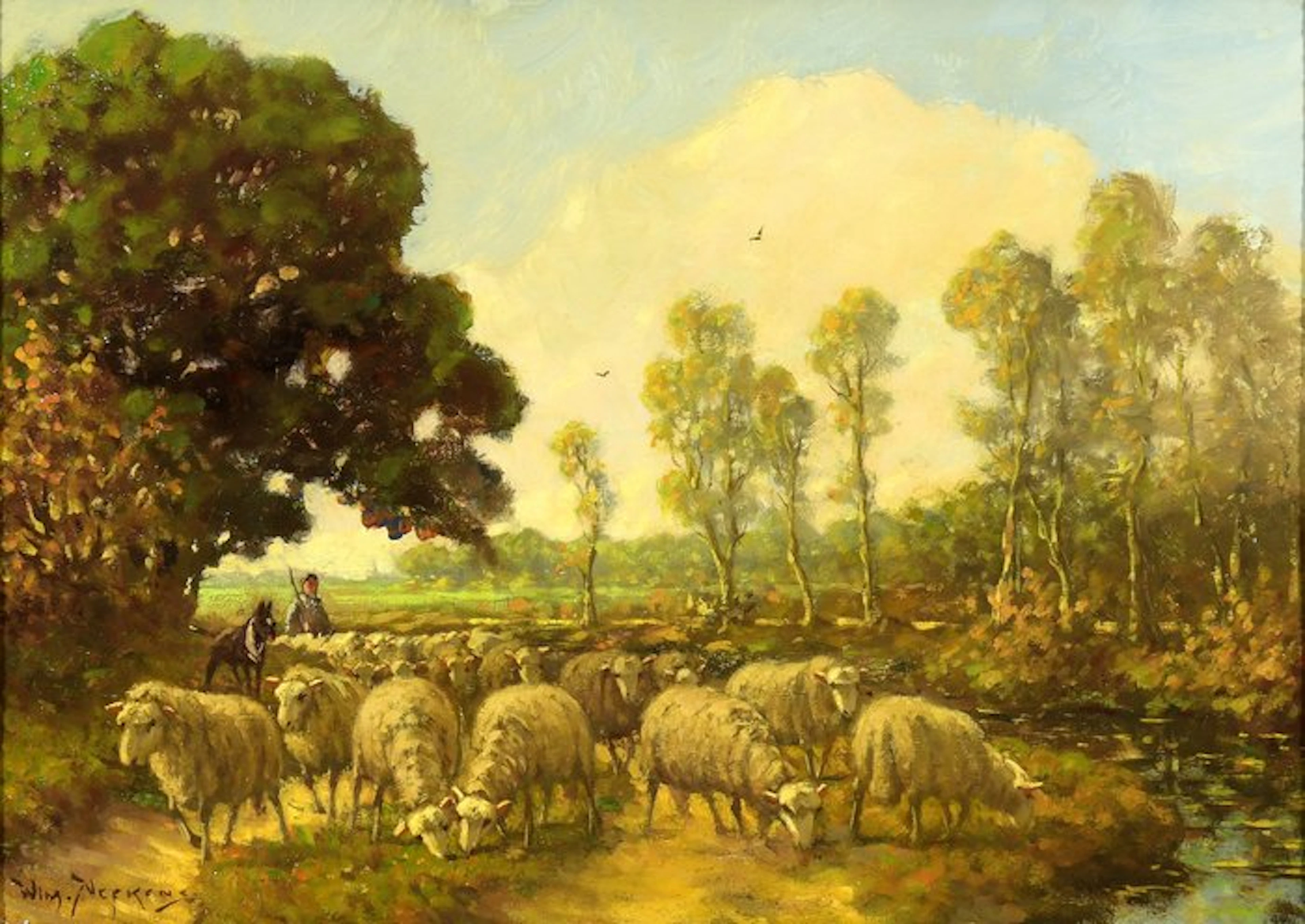 Willem Nefkens (1899 - 1982) - Herder met schapen in bosrijk landschap