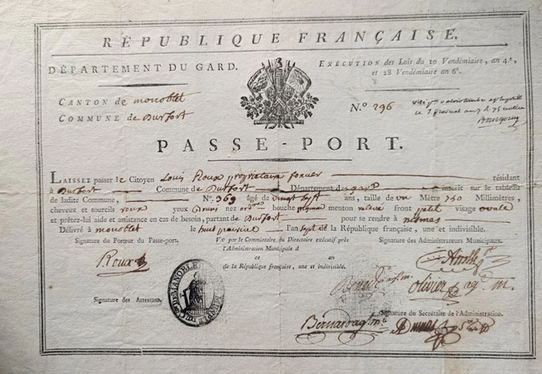 firmato - Rare Passeport Révolutionnaire de l'An VI...