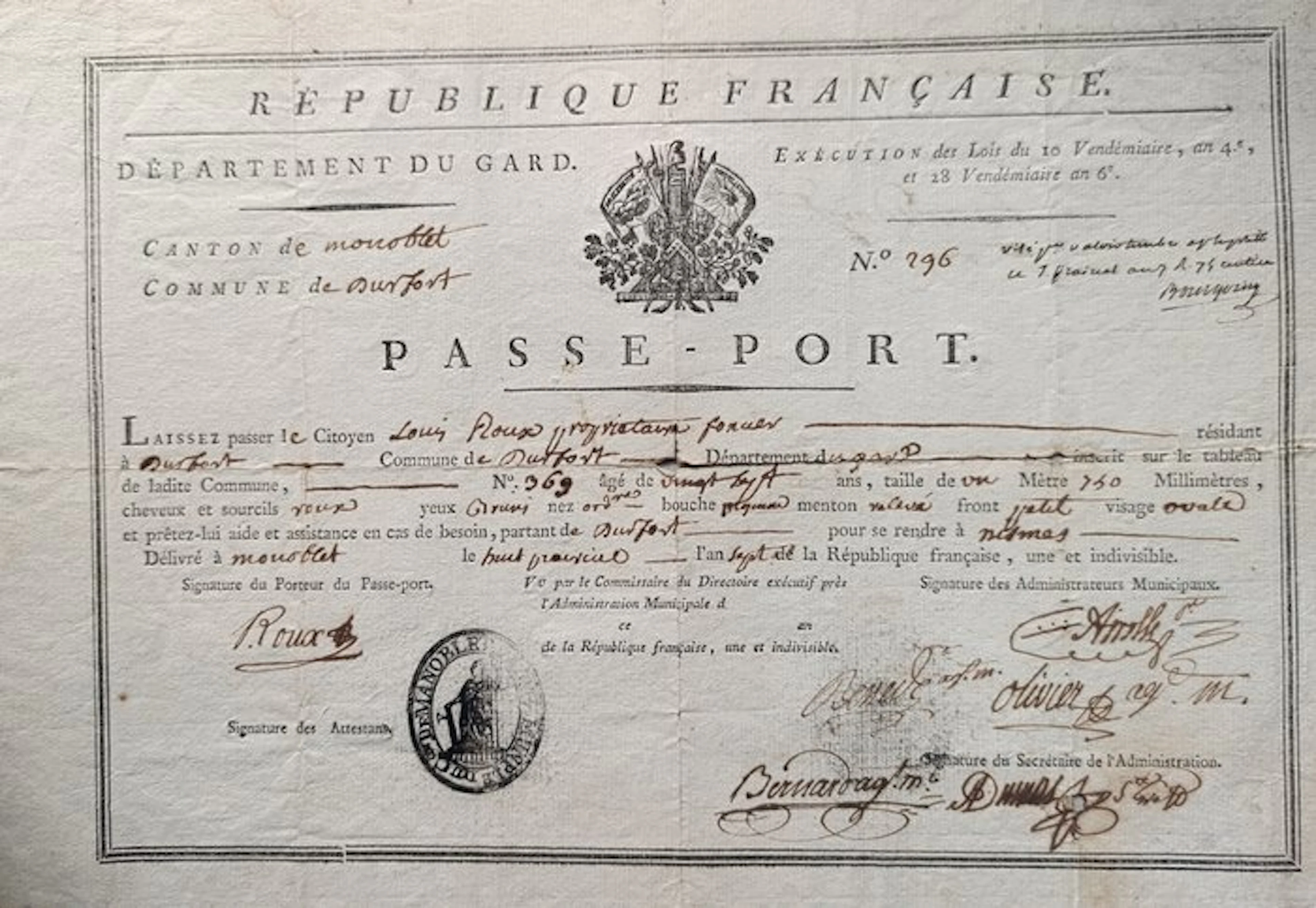 firmato - Rare Passeport Révolutionnaire de l'An VI...