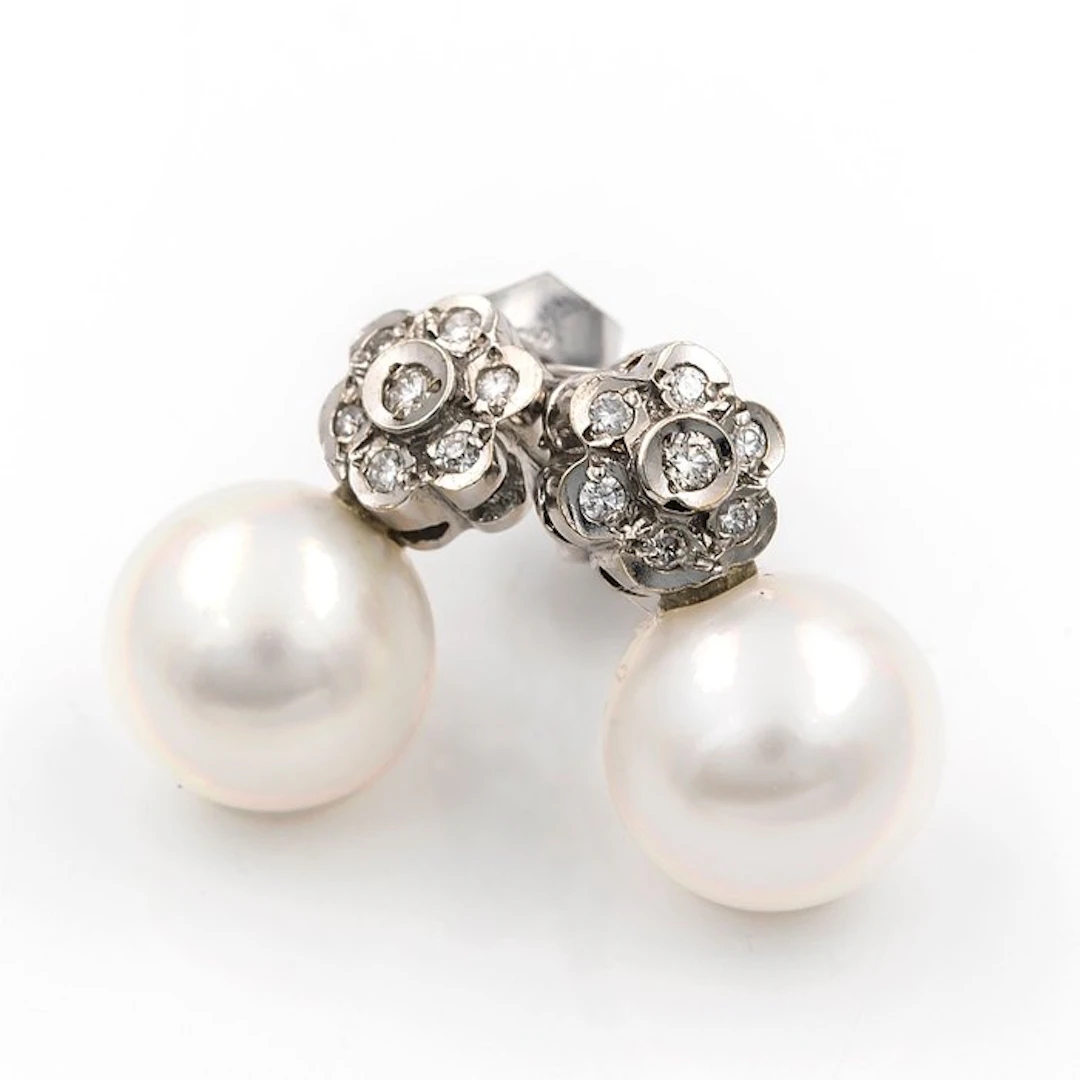 Earrings - 18 kt. White gold Diamond (Natural) - Pearl