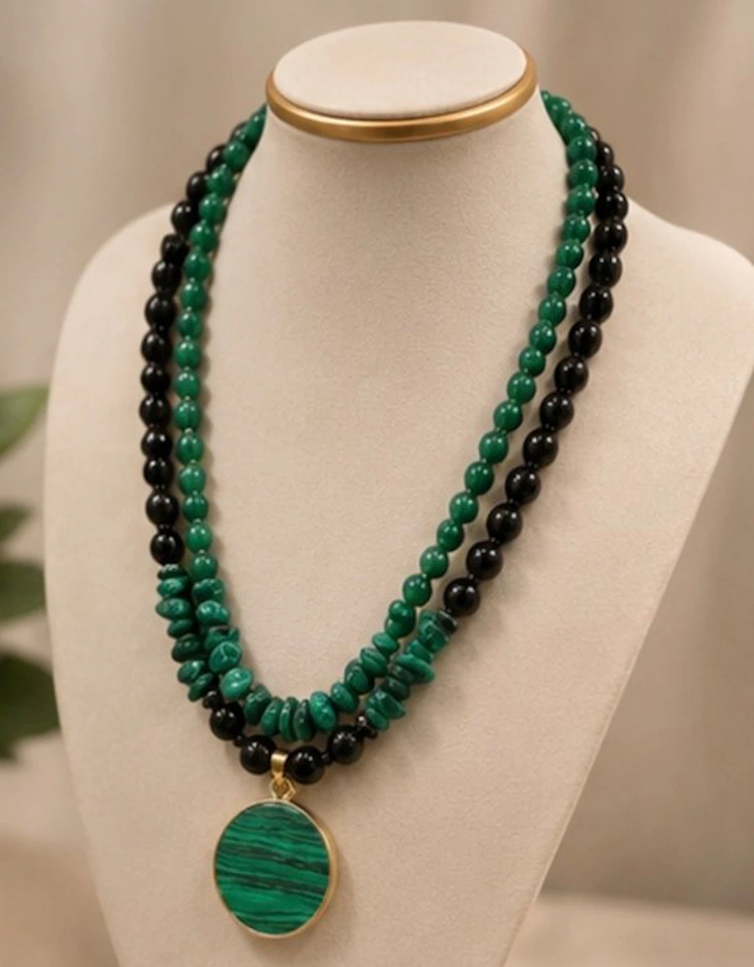 Stunning Malachite & Onyx Double Statement Necklace - Necklace
