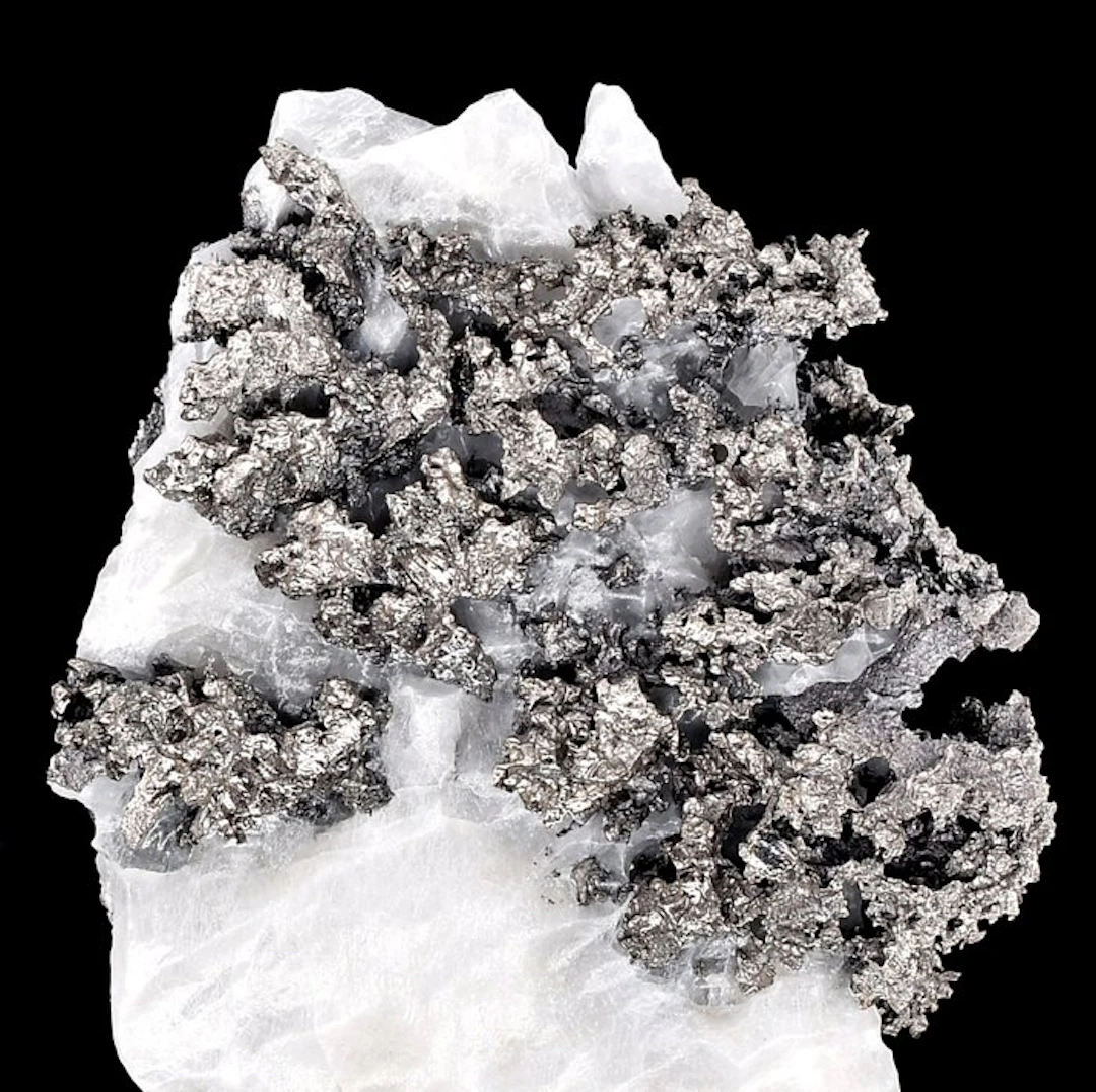 IMPORTANT: Native silver specimen in arborescent dendritic foils on calcite