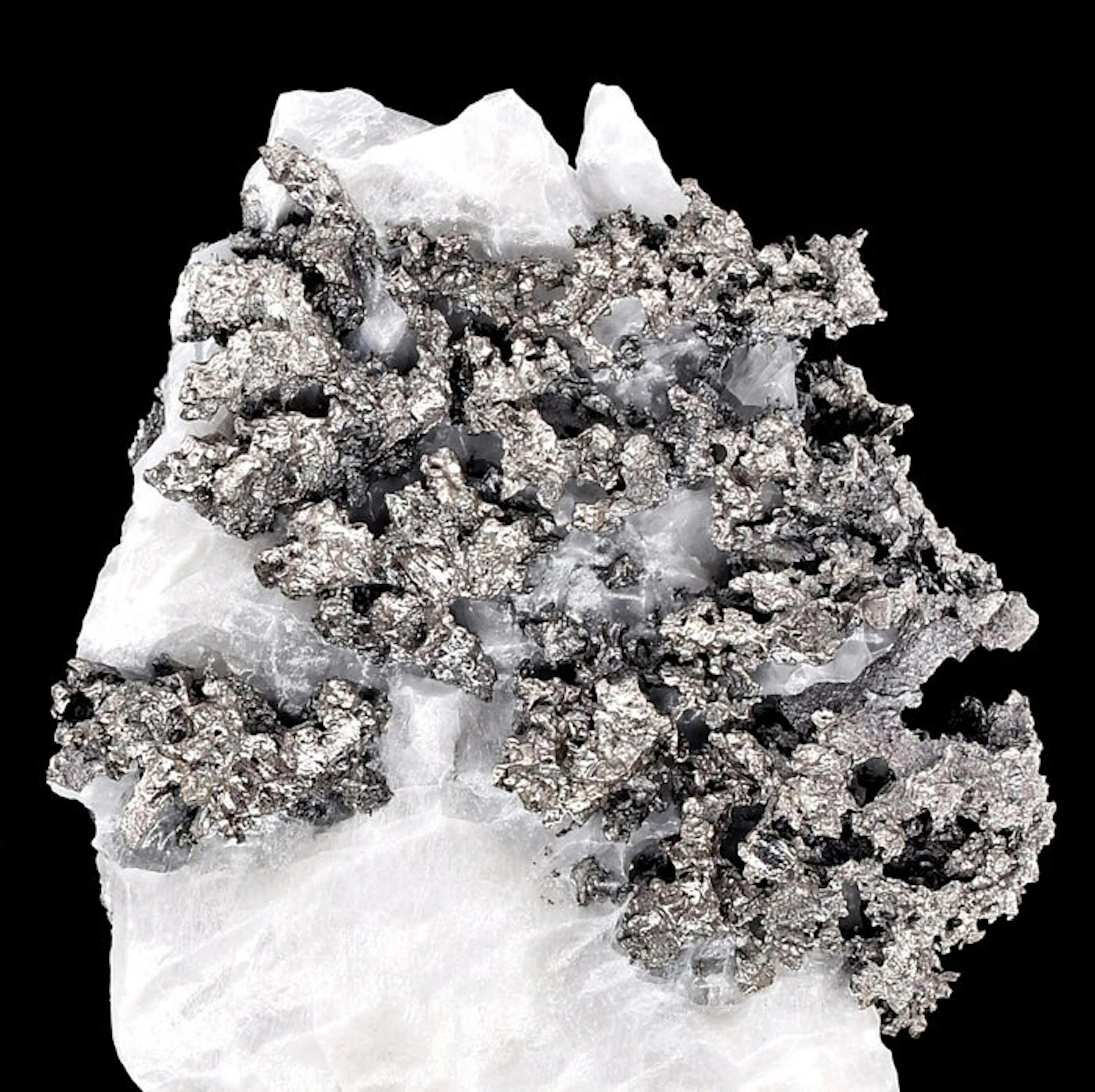 IMPORTANT: Native silver specimen in arborescent dendritic foils on calcite