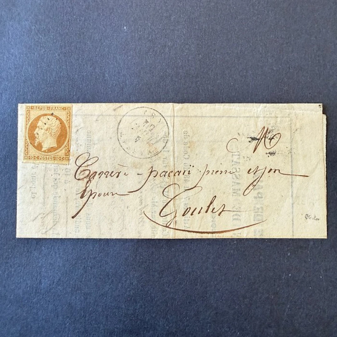 France - Yvert 9 'Napoléon République 10c brown' single on a letter