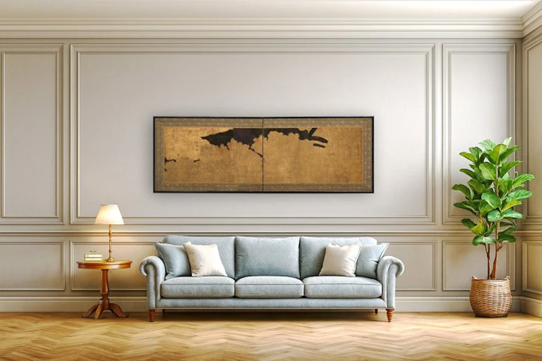 Tea-ceremony folding screen with palms & tatched fence - Lacquered wood
