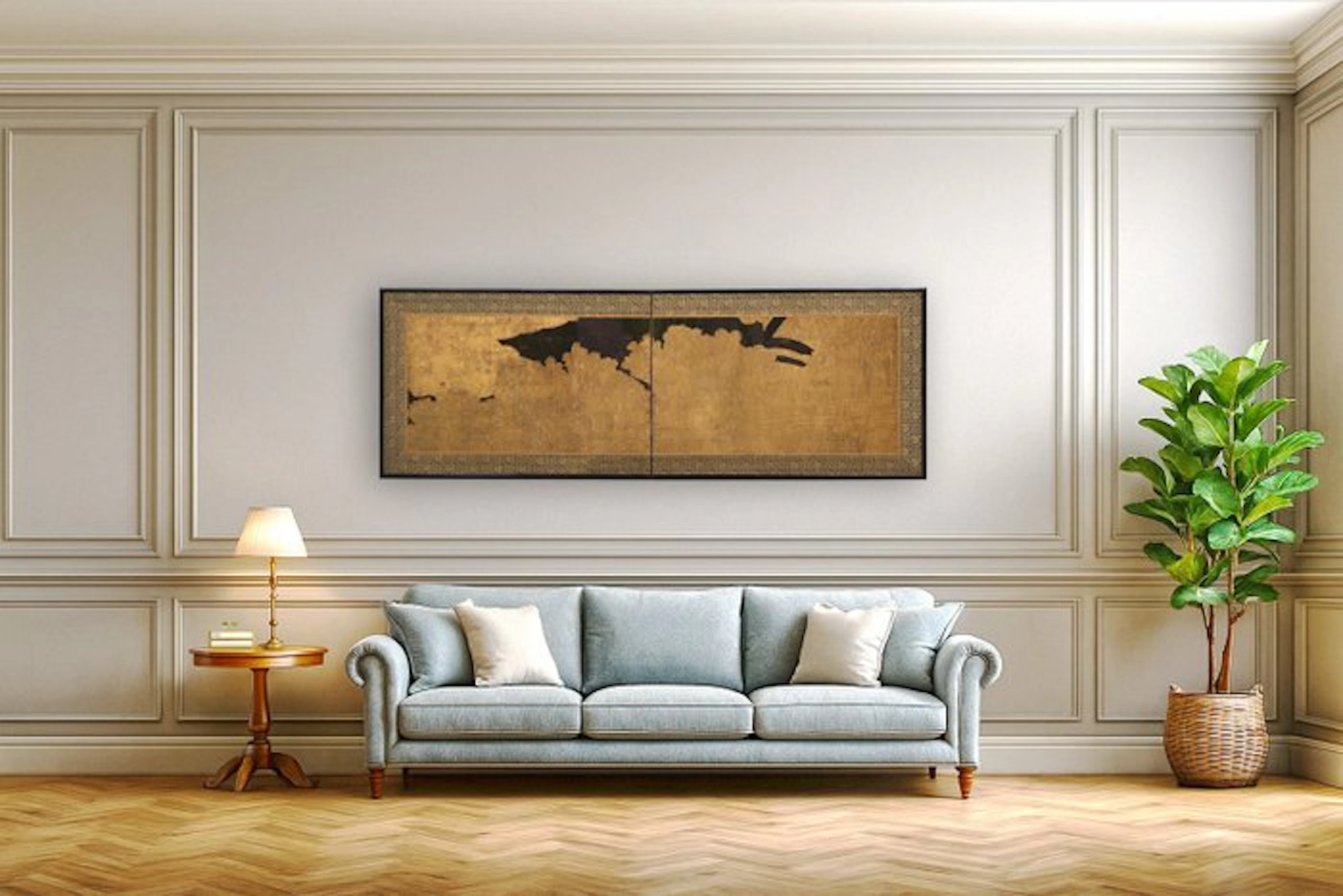 Tea-ceremony folding screen with palms & tatched fence - Lacquered wood