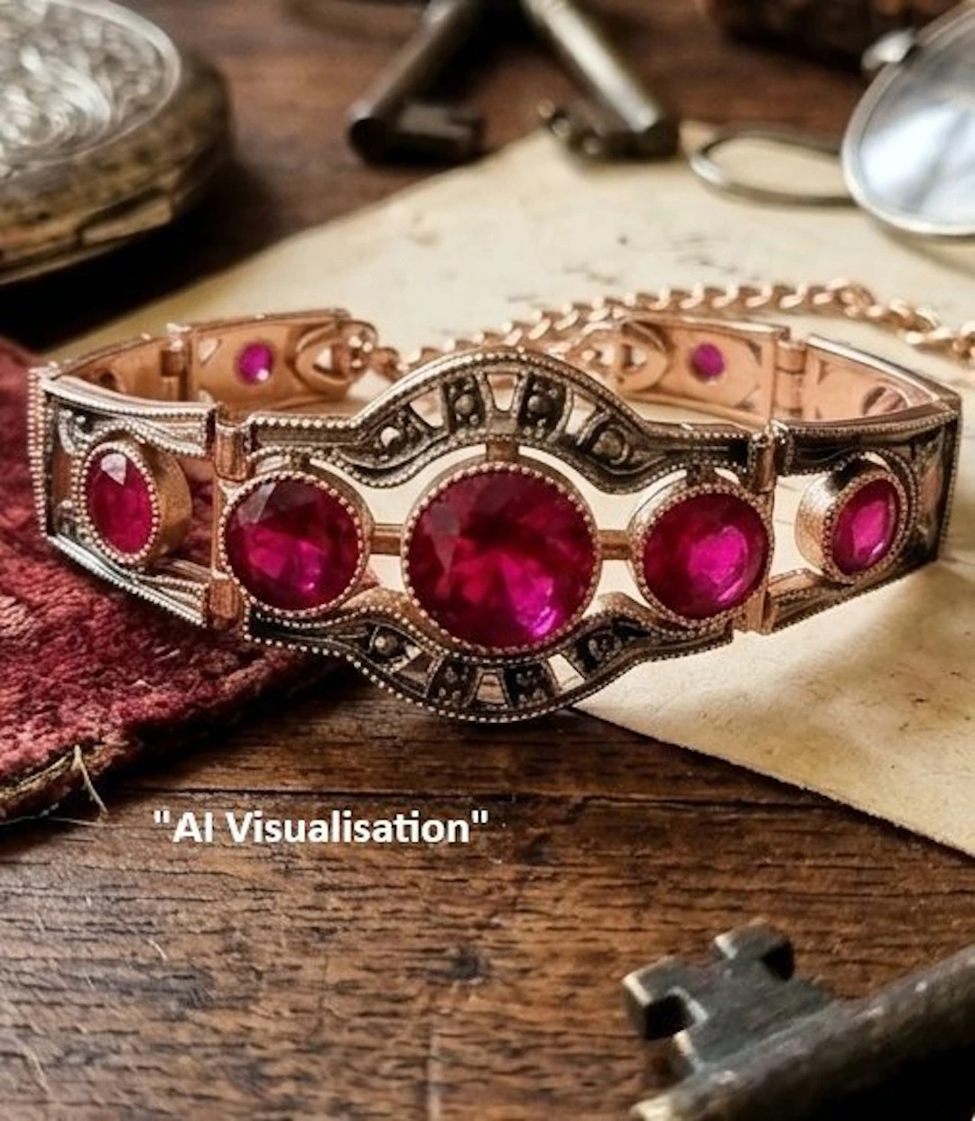 No reserve price - Bracelet - 9 kt. Rose gold, Silver Ruby - Diamond
